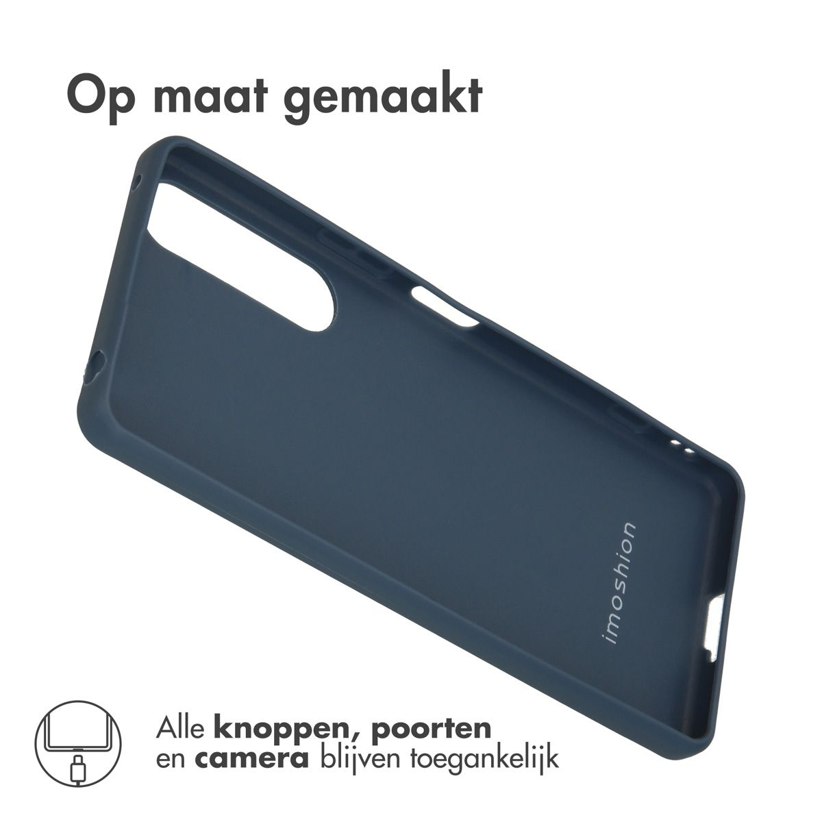 Coque de téléphone bleu foncé sur fond blanc. Texte néerlandais: 'Op maat gemaakt'. Logo 'Imoshion' visible.