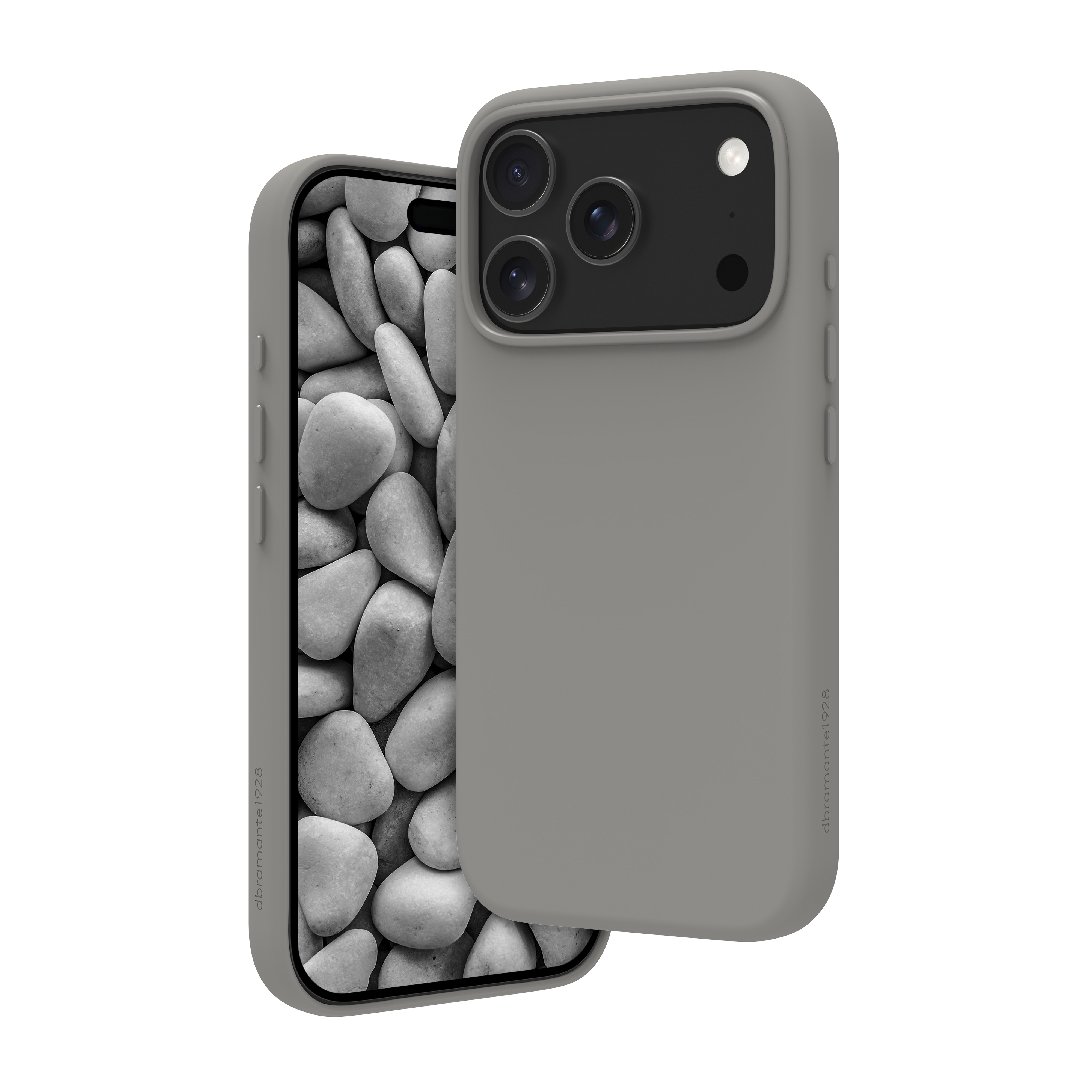 Un étui de téléphone gris avec un panneau de caméra noir, ouvert pour révéler un écran avec des galets.