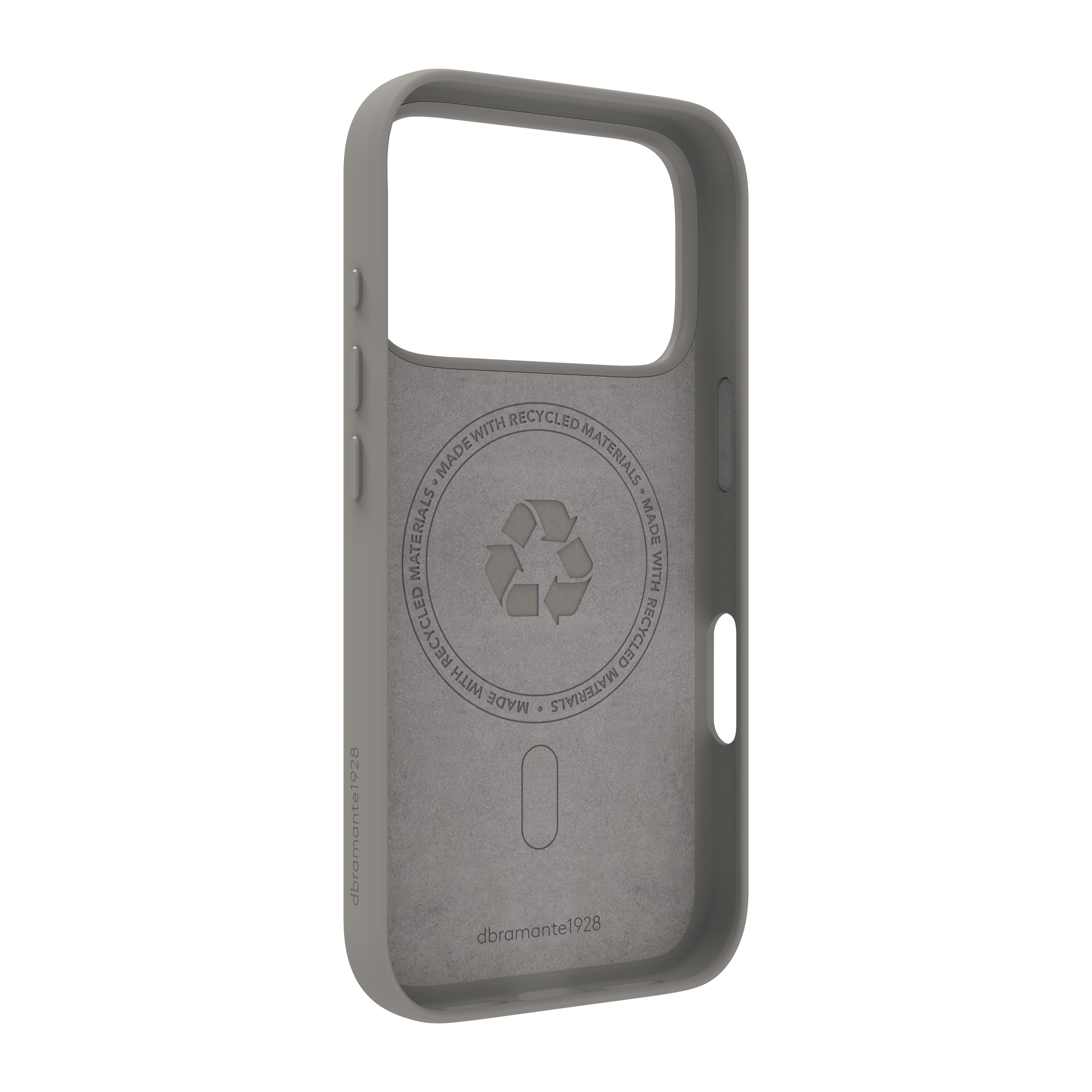 Coque de téléphone grise avec un symbole de recyclage et le texte : Fabriqué avec des matériaux recyclés. La marque est dbramante1928.