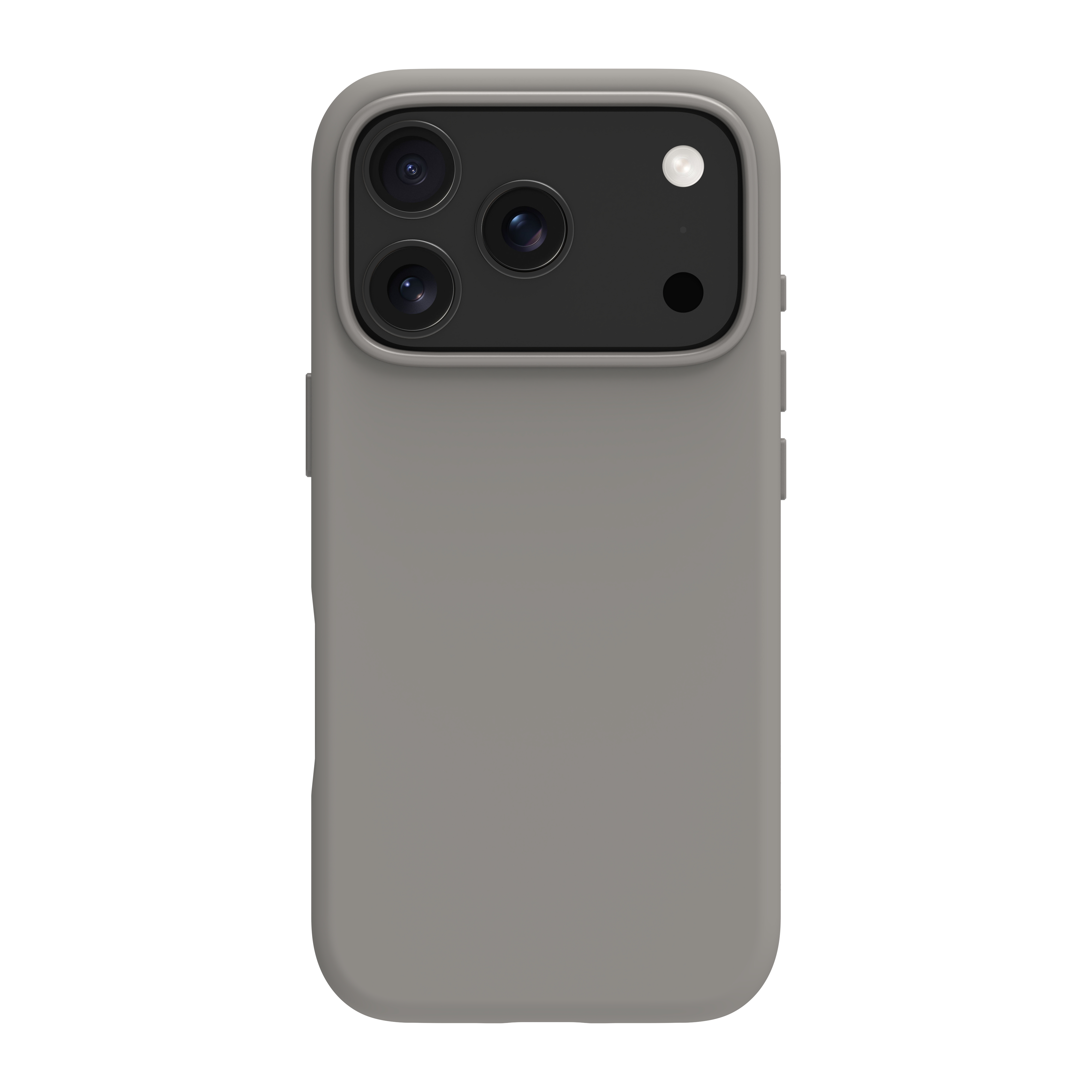 Un étui de téléphone gris avec trois objectifs, un flash et un module caméra noir sur fond blanc.