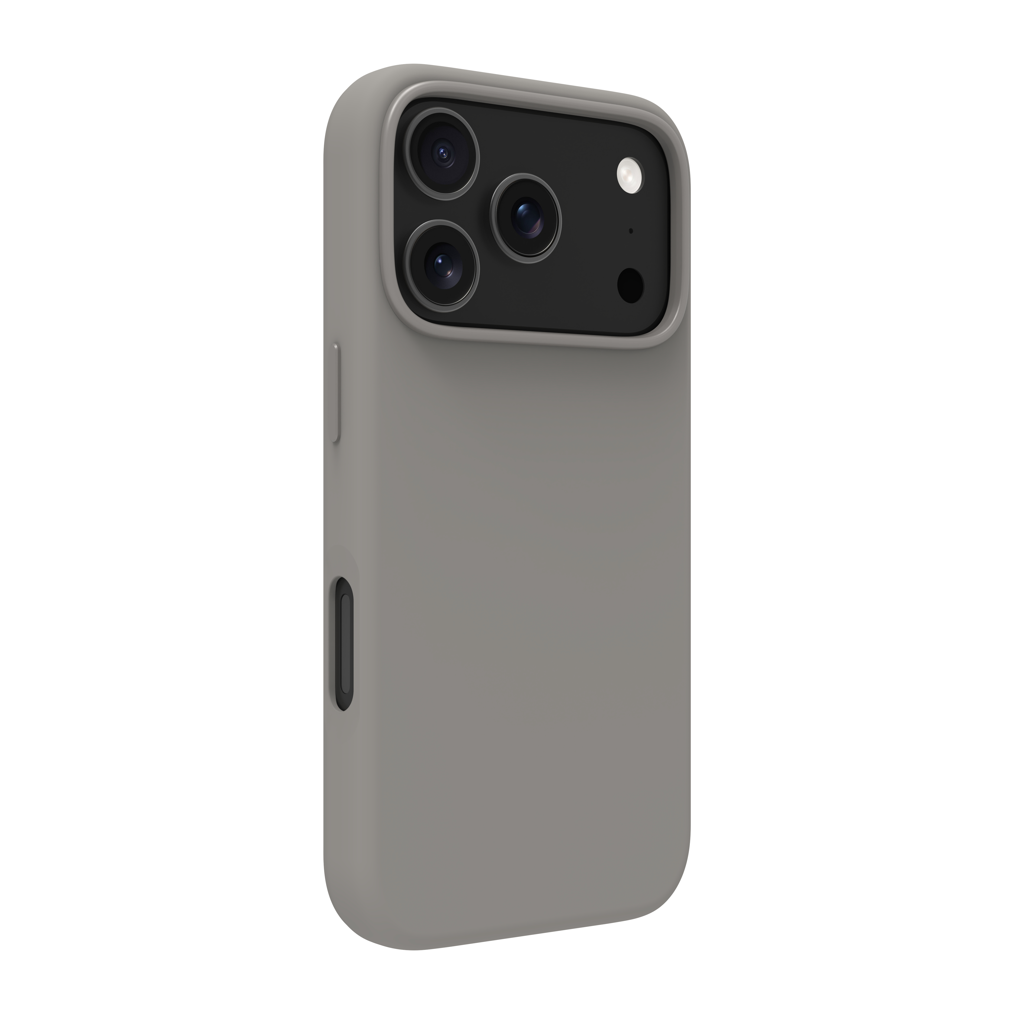 Un smartphone gris dans un étui assorti. Le téléphone a une bosse de caméra avec trois lentilles et un flash sur fond blanc.