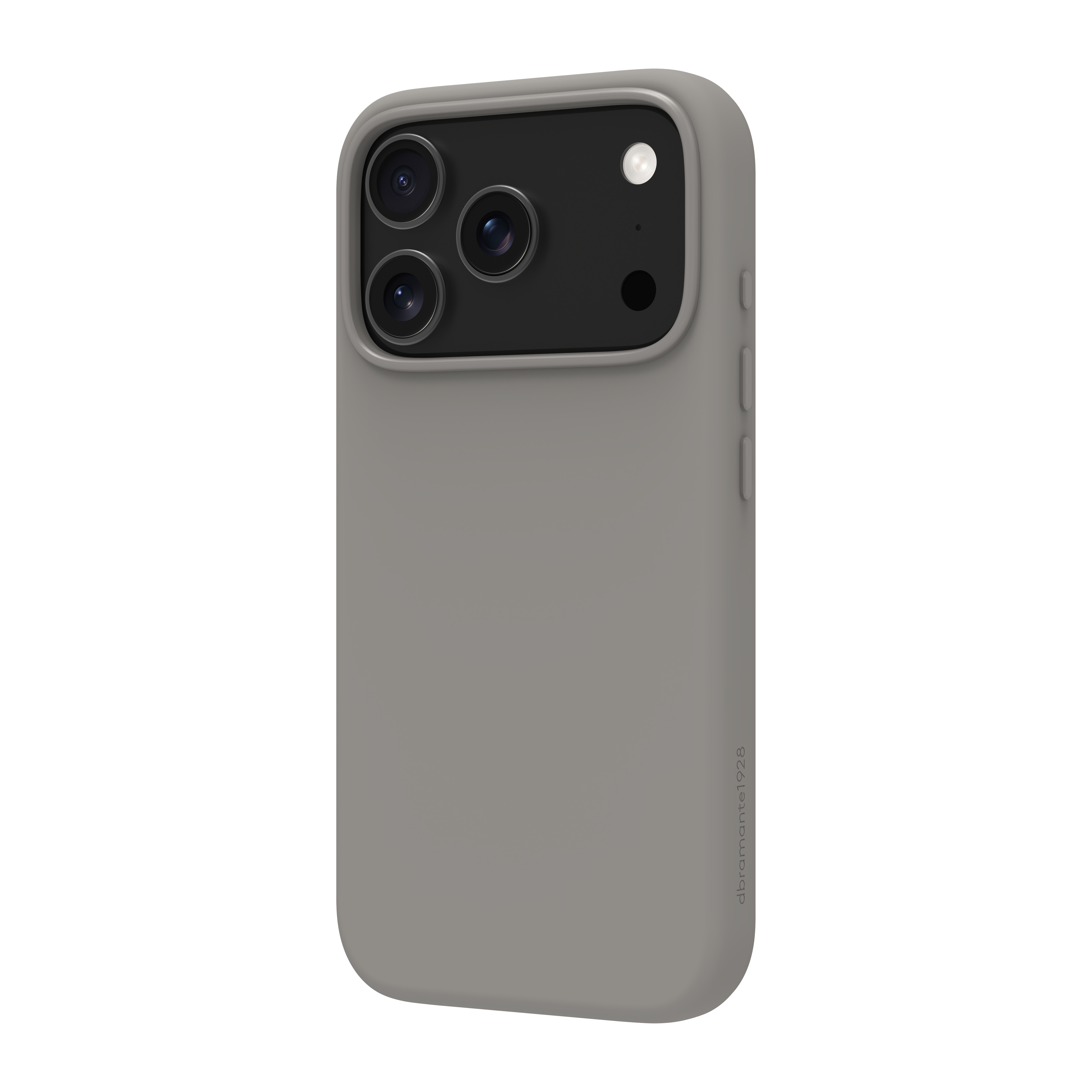 Un étui de téléphone gris avec des objectifs d'appareil photo. L'étui est sur fond blanc.