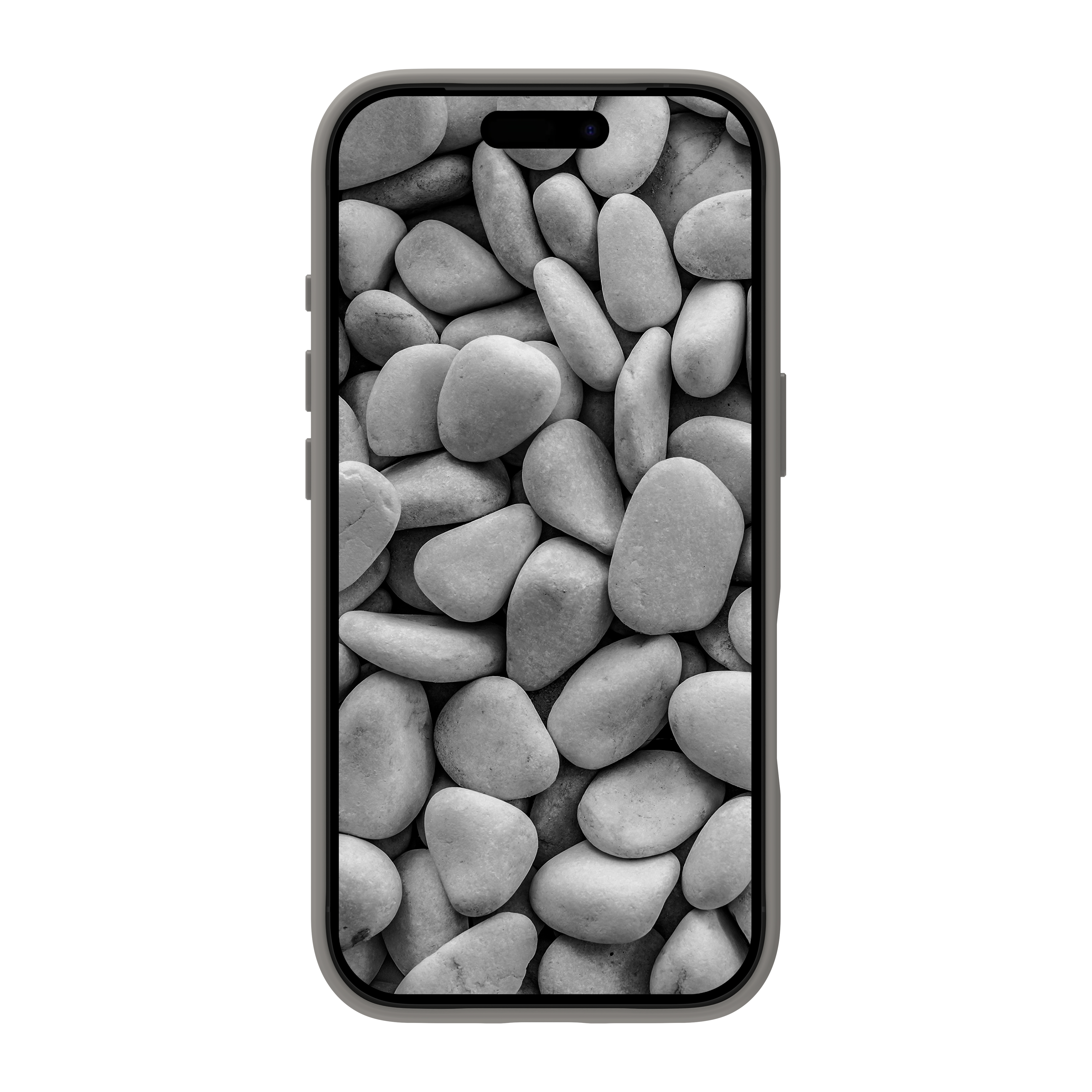 Un smartphone affiche une image en niveaux de gris de galets lisses et arrondis. Le téléphone a un boîtier gris foncé et un fond blanc.
