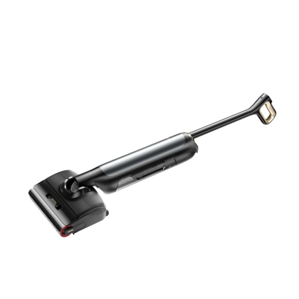 Odkurzacz ręczny, czarny i srebrny, pod kątem. Uchwyt ma zakrzywiony uchwyt. Głowica szczotki jest po lewej stronie.