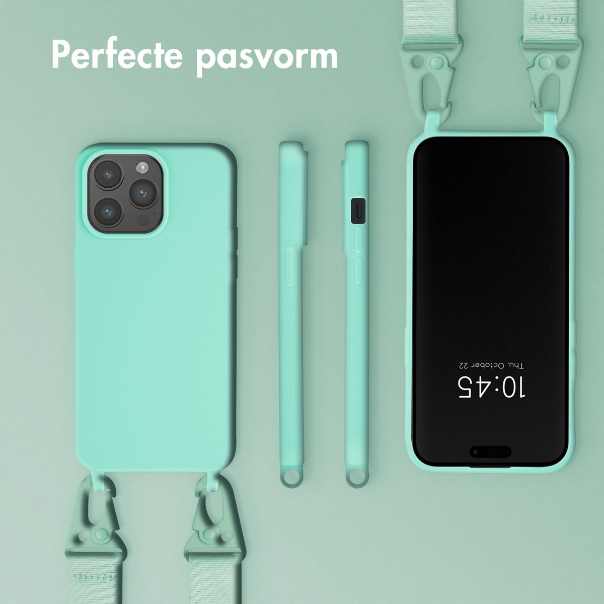 Une coque de téléphone vert menthe, deux pièces de rechange et un smartphone avec une sangle. Le téléphone affiche l'heure 10h45 le jeudi 22 octobre.