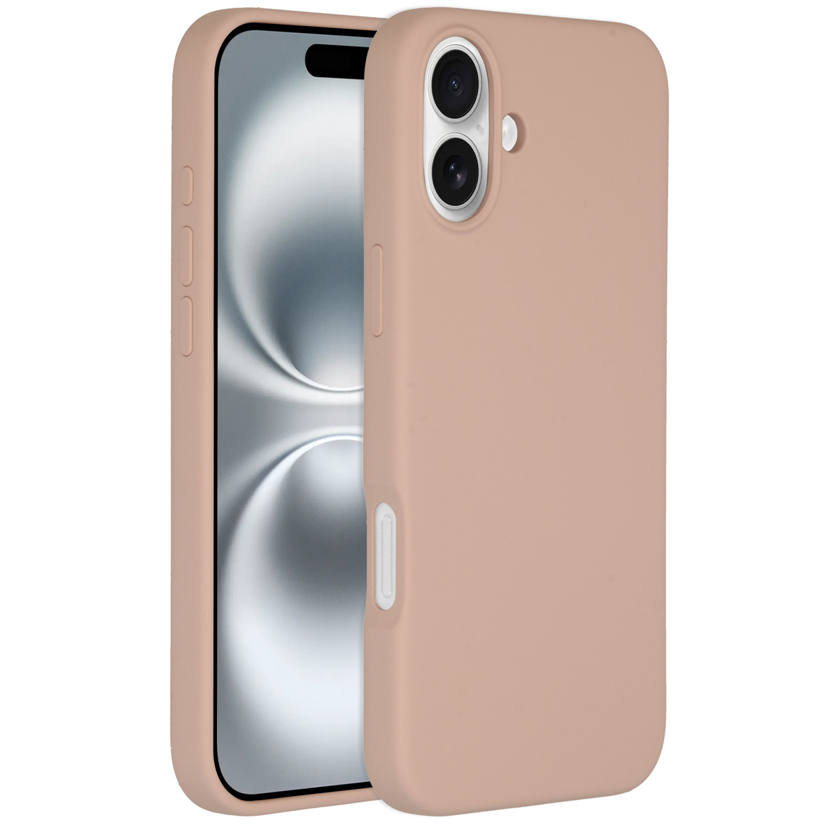 Un téléphone dans un étui couleur pêche. L'écran du téléphone affiche un motif argenté flou. L'étui a deux objectifs d'appareil photo et des boutons.