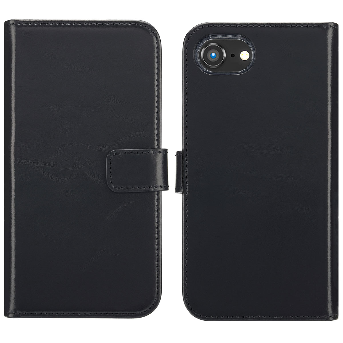 Étui de téléphone en cuir noir, ouvert. Le côté gauche a un fermoir magnétique. Le côté droit montre l'objectif de la caméra. Fond blanc.