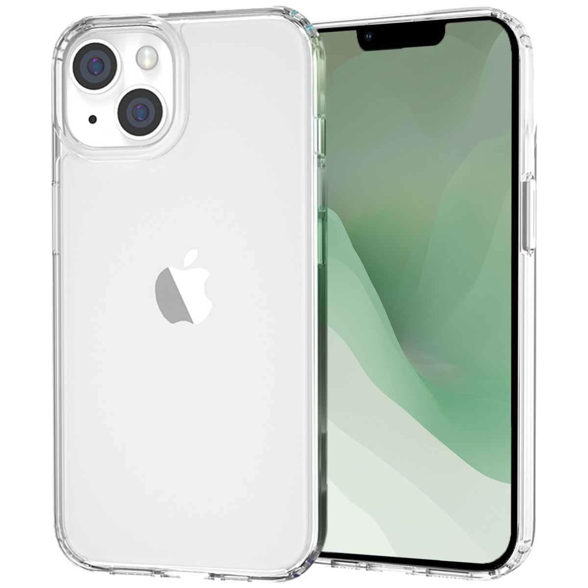 Een iPhone 14 in een doorzichtige hoes. De telefoon heeft een groen scherm. Het Apple-logo is zichtbaar.