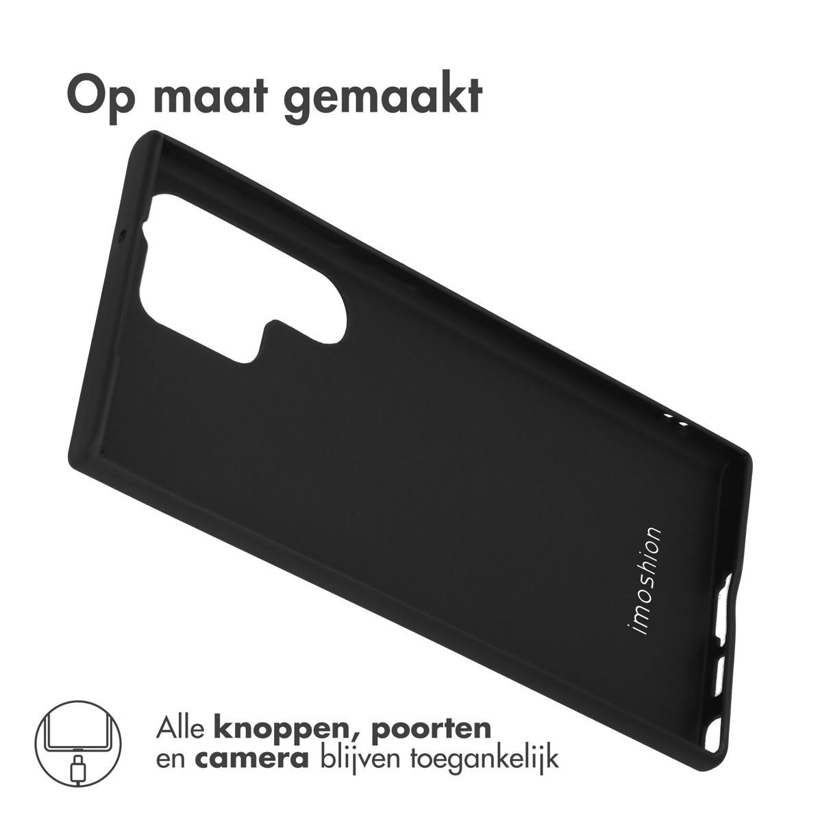 Zwarte telefoonhoes met uitsparingen voor camera en poorten. Nederlandse tekst.