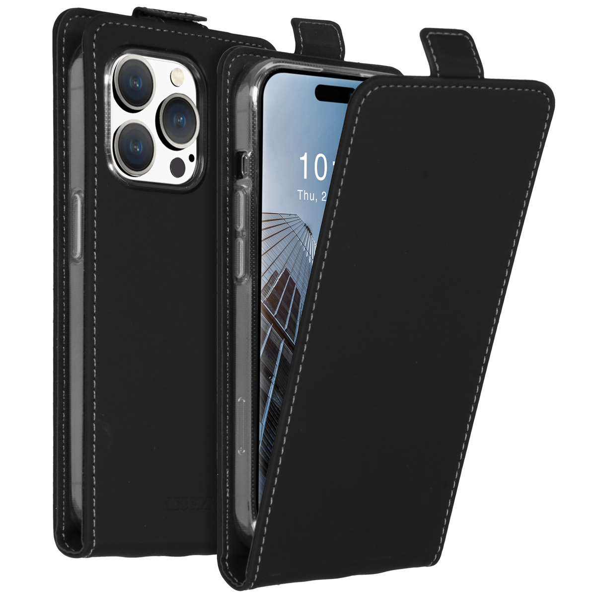 Schwarze Handyhülle mit Telefon. Der Bildschirm zeigt ein Gebäude. Die Hülle ist offen und zeigt das Telefon und die Kamera.