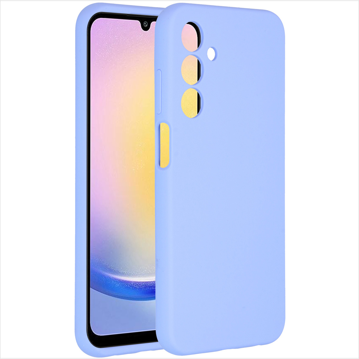 Een lichtblauwe telefoonhoes naast een telefoon. Het scherm toont een gele en paarse gradiënt. De hoes heeft gaten.