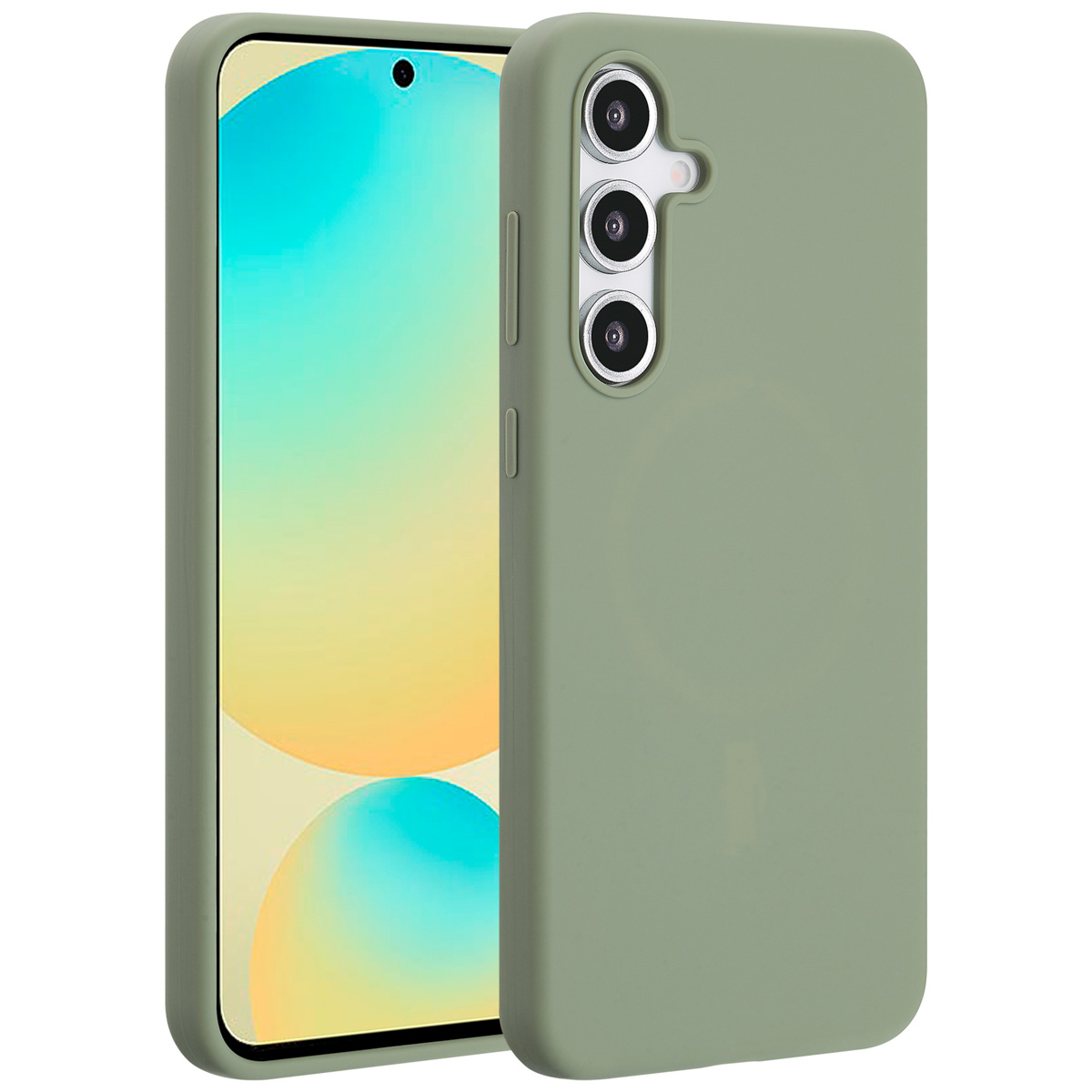 Een groene telefoonhoes en een telefoon met een scherm met een kleurengradiënt worden weergegeven tegen een witte achtergrond.