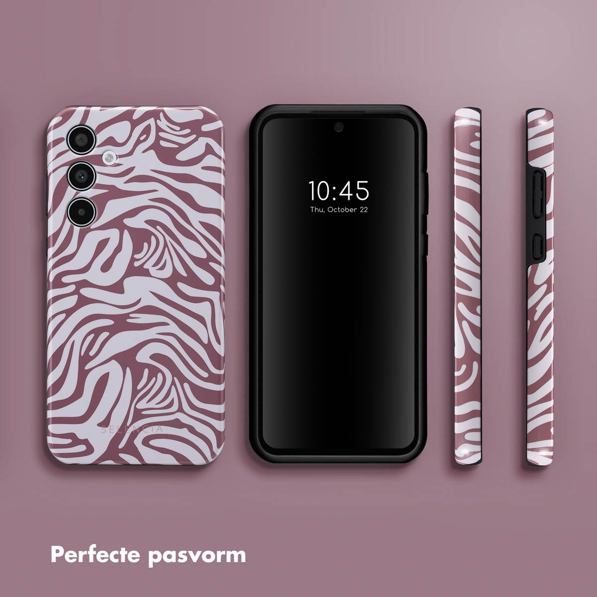 Telefono, custodie con motivo zebrato e telefono su sfondo viola. Il telefono mostra l'ora 10:45.