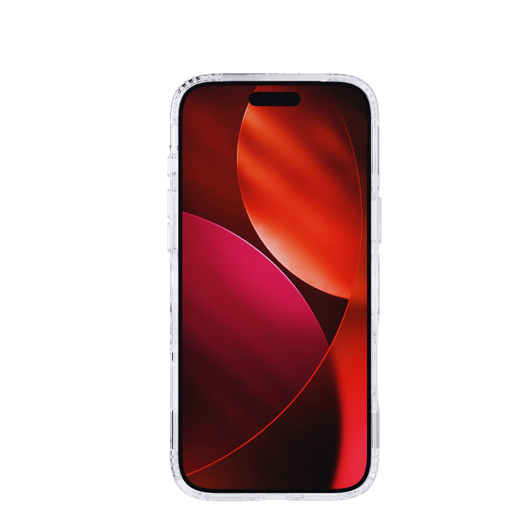 Uno smartphone con una custodia trasparente mostra uno sfondo astratto rosso e rosa. Il telefono è centrato su uno sfondo bianco.
