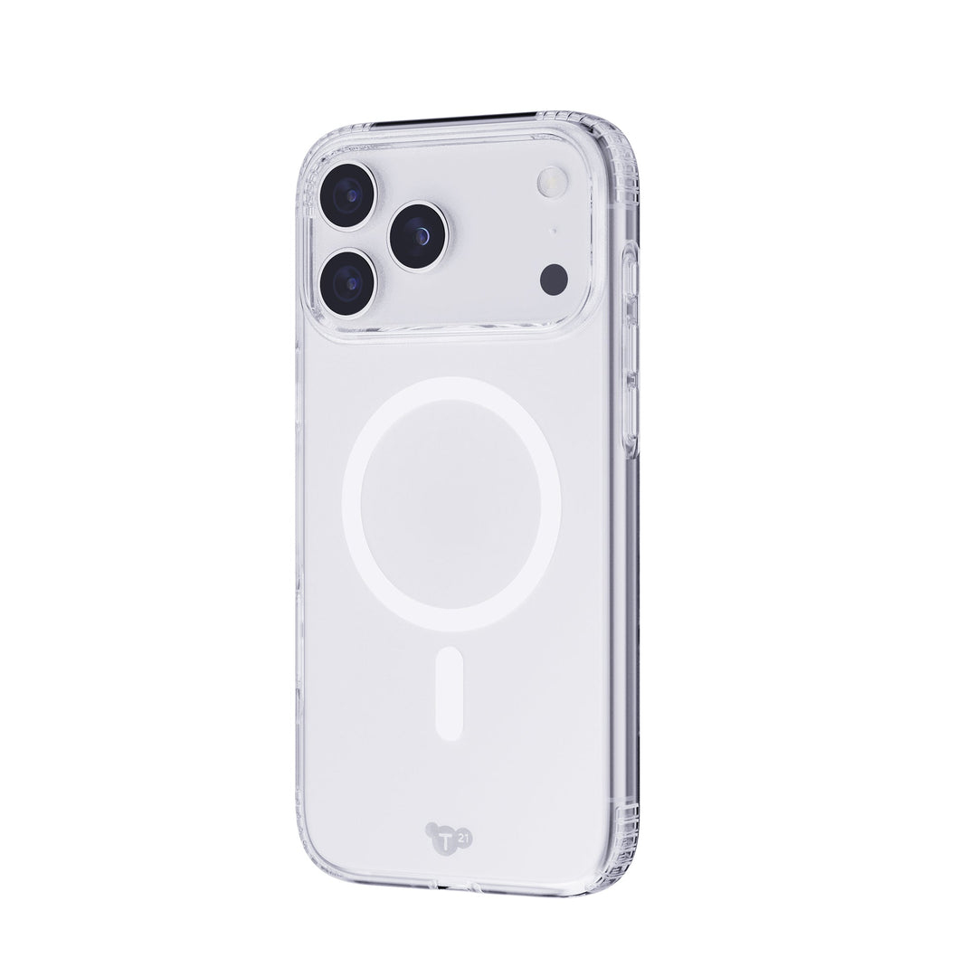 Una custodia trasparente con modulo fotocamera visibile e cerchio di ricarica magnetica.