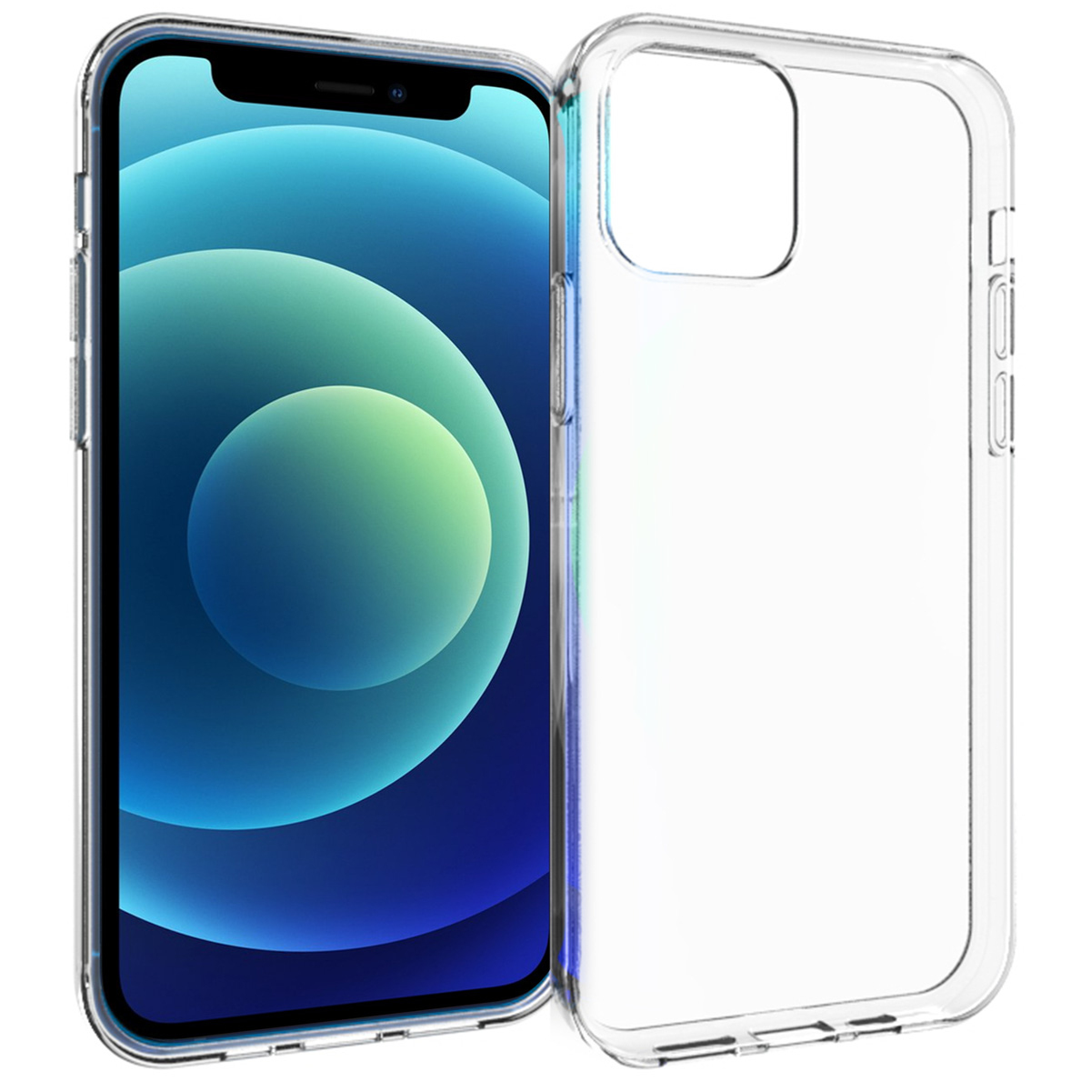 Un iPhone avec un écran bleu et vert à côté d'une coque transparente. Les deux sur fond blanc.