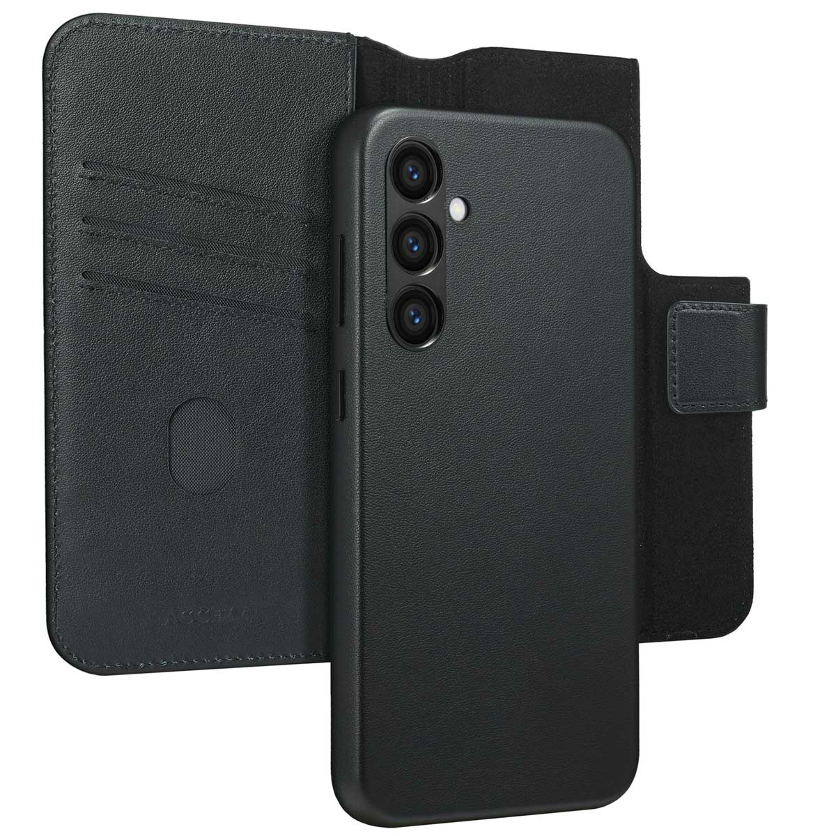 Een zwarte telefoonhoes met portemonnee-ontwerp. Het is open en onthult kaartsleuven. De telefoon heeft drie camera's. De stijl is strak en modern.