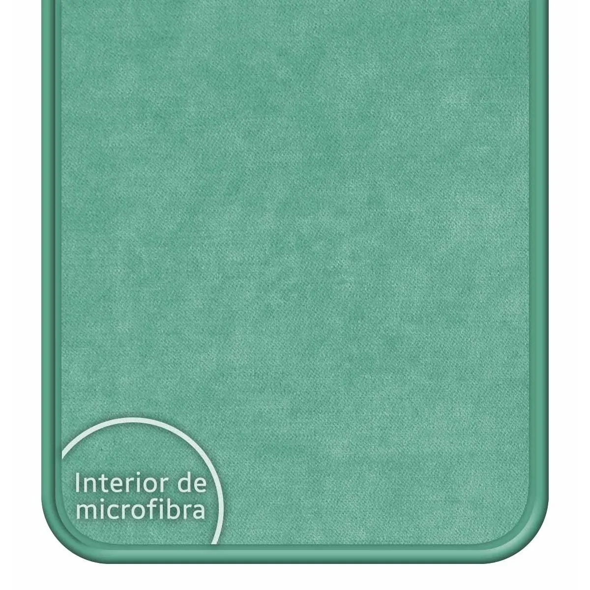 Primer plano de un material de microfibra color verde azulado. El borde es verde azulado oscuro. Texto: 'Interior de microfibra'.