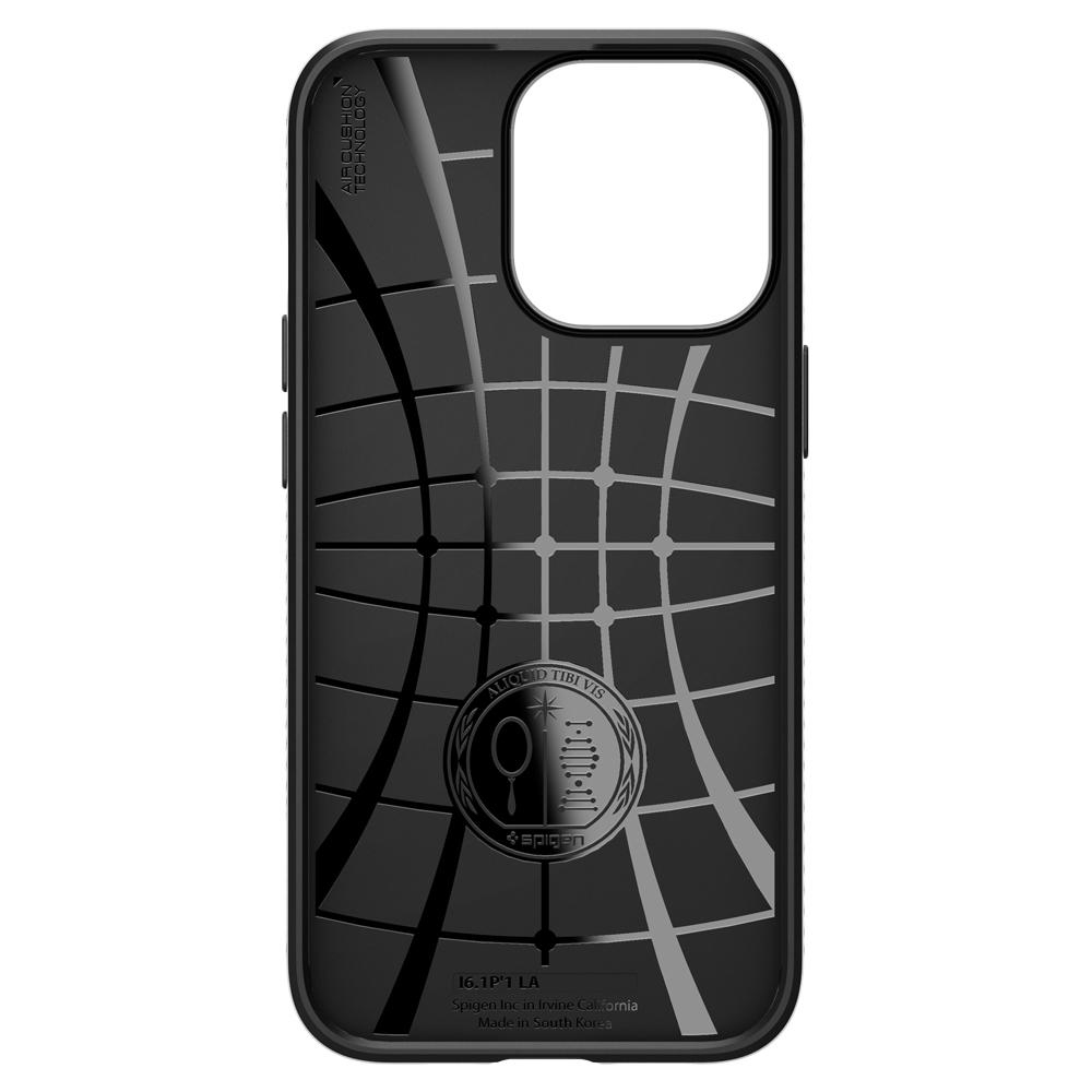 Custodia nera per telefono con motivo geometrico, logo Spigen e testo con dettagli di fabbricazione.