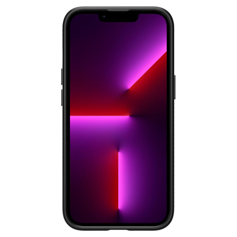 Uno smartphone nero mostra una sfumatura viola e rossa. Lo schermo ha un notch in alto. Il telefono è in una custodia nera.