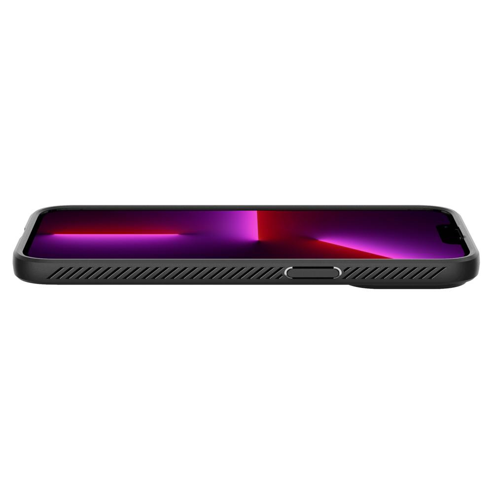 Un iPhone nero racchiuso in una custodia nera. Lo schermo mostra una sfumatura viola e rossa. Il telefono è su sfondo bianco.