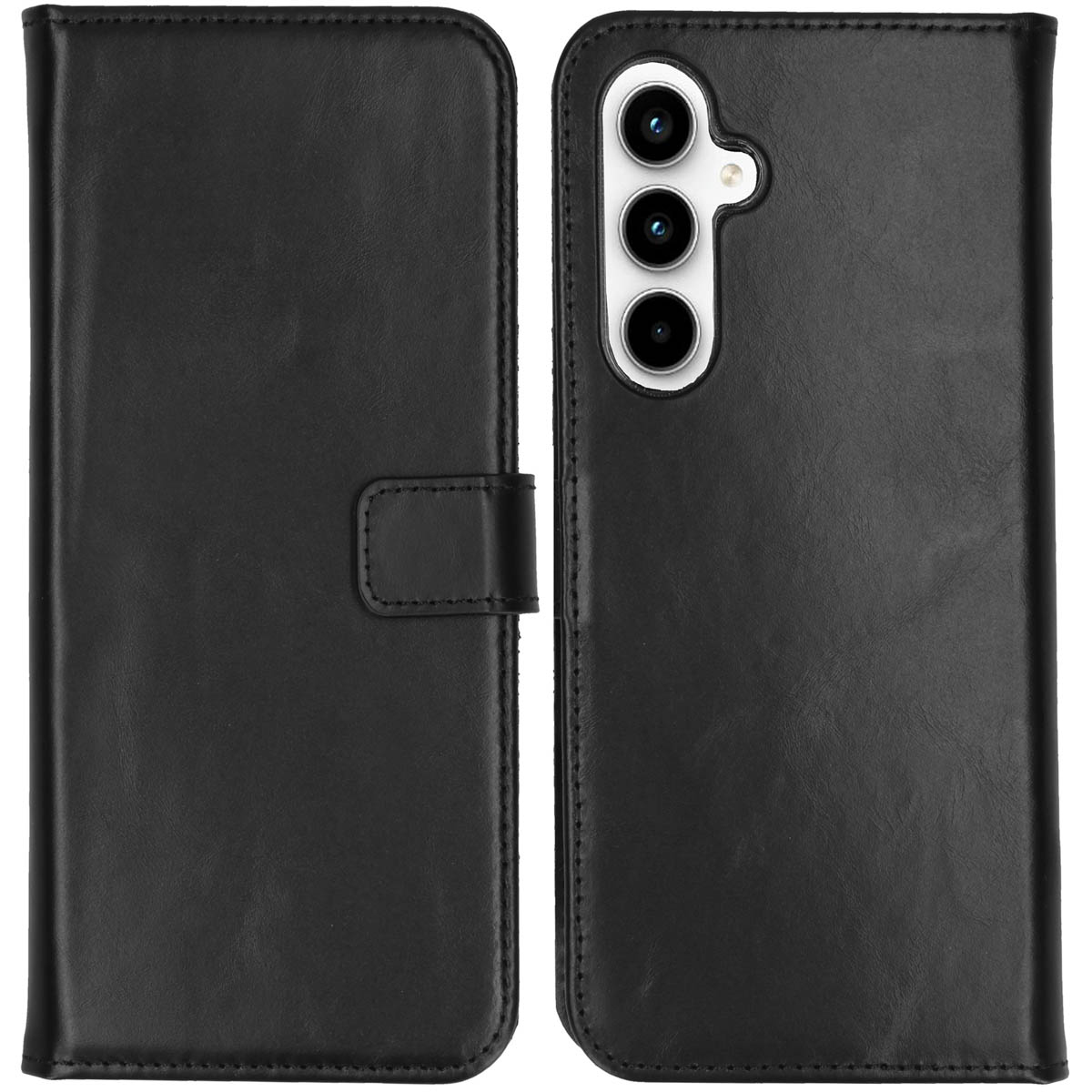 Étui de téléphone en cuir noir, ouvert. Le côté gauche a un rabat avec fermeture magnétique. Le côté droit révèle les lentilles de la caméra.