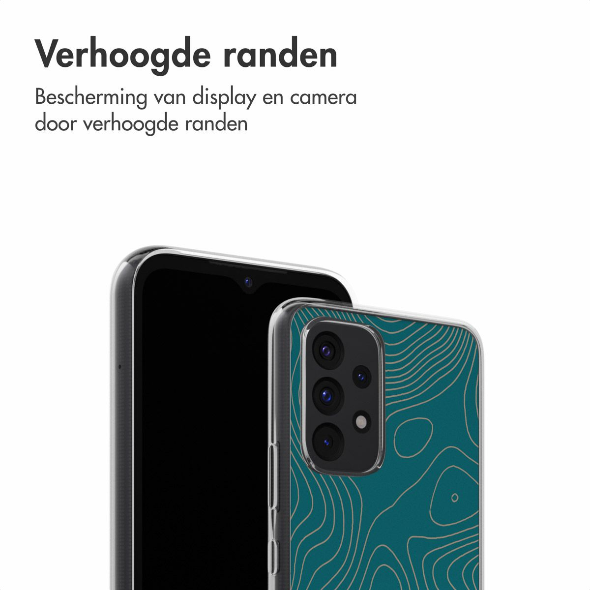 Due smartphone, uno nero, uno con custodia verde acqua e motivo a contorno. Testo in alto: Verhoogde randen (bordi rialzati).