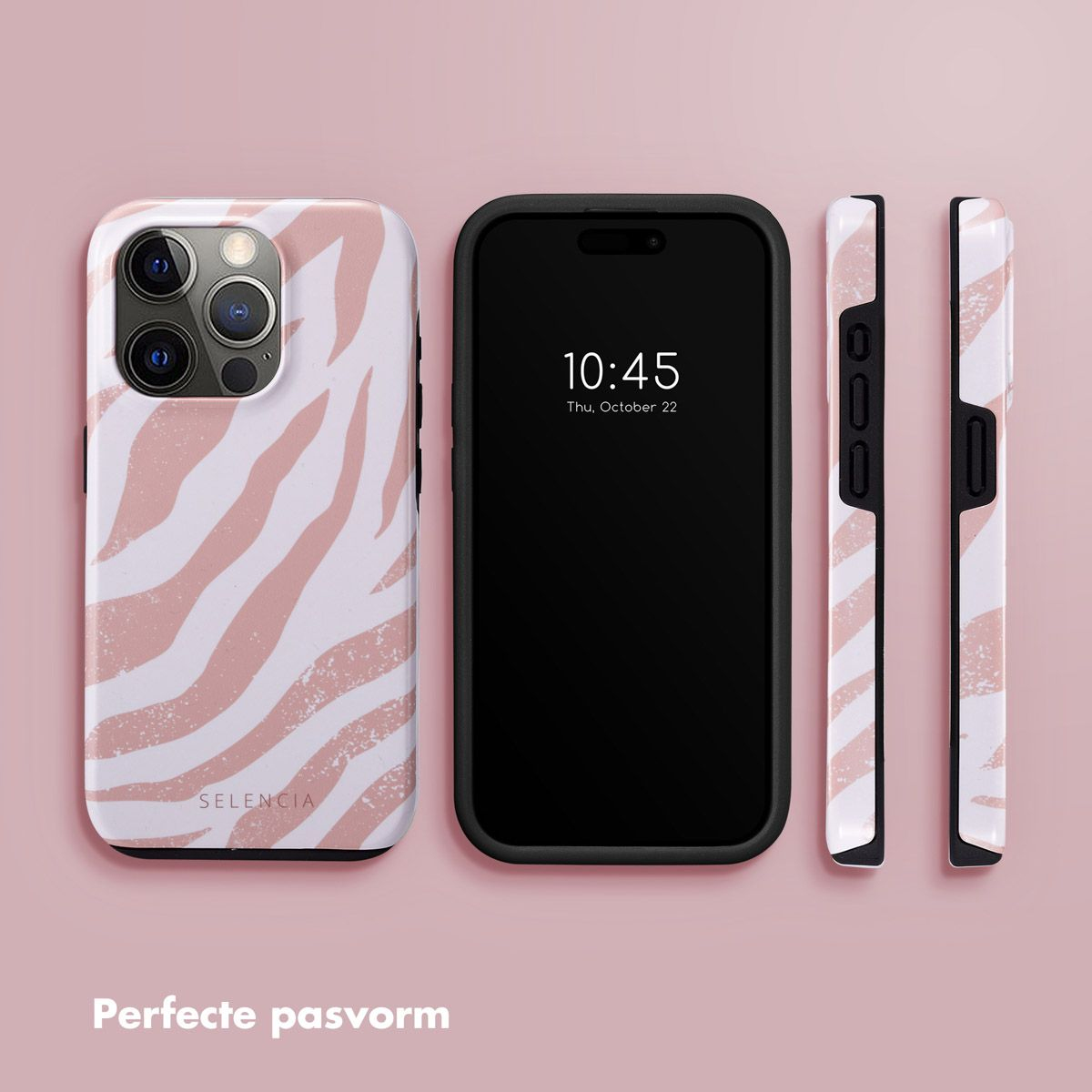 Un téléphone et des étuis à imprimé zébré. Le téléphone affiche l'heure, 22 octobre. Étuis en vues latérales et frontales. Fond rose.