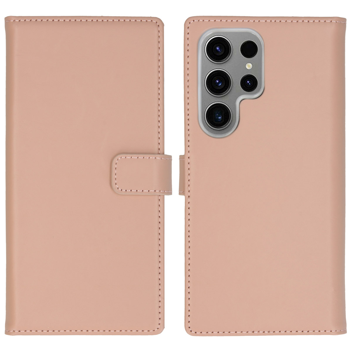 Eine offene, rosa Handyhülle mit einem Telefon mit mehreren Kameras. Die Hülle hat einen Magnetverschluss.