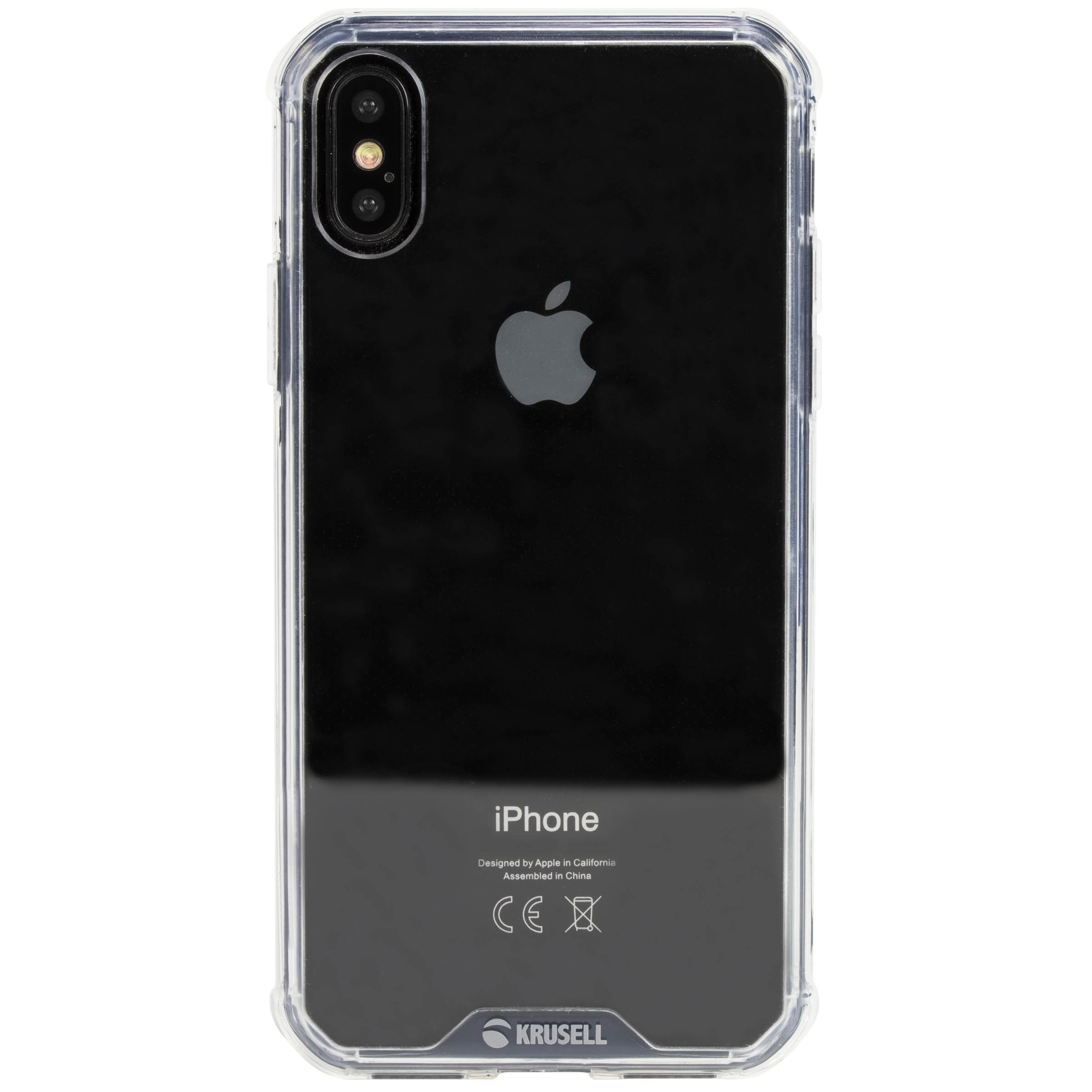 Una custodia trasparente protegge un iPhone nero. Logo Apple visibile, con marchio 'iPhone' e 'Krusell'.