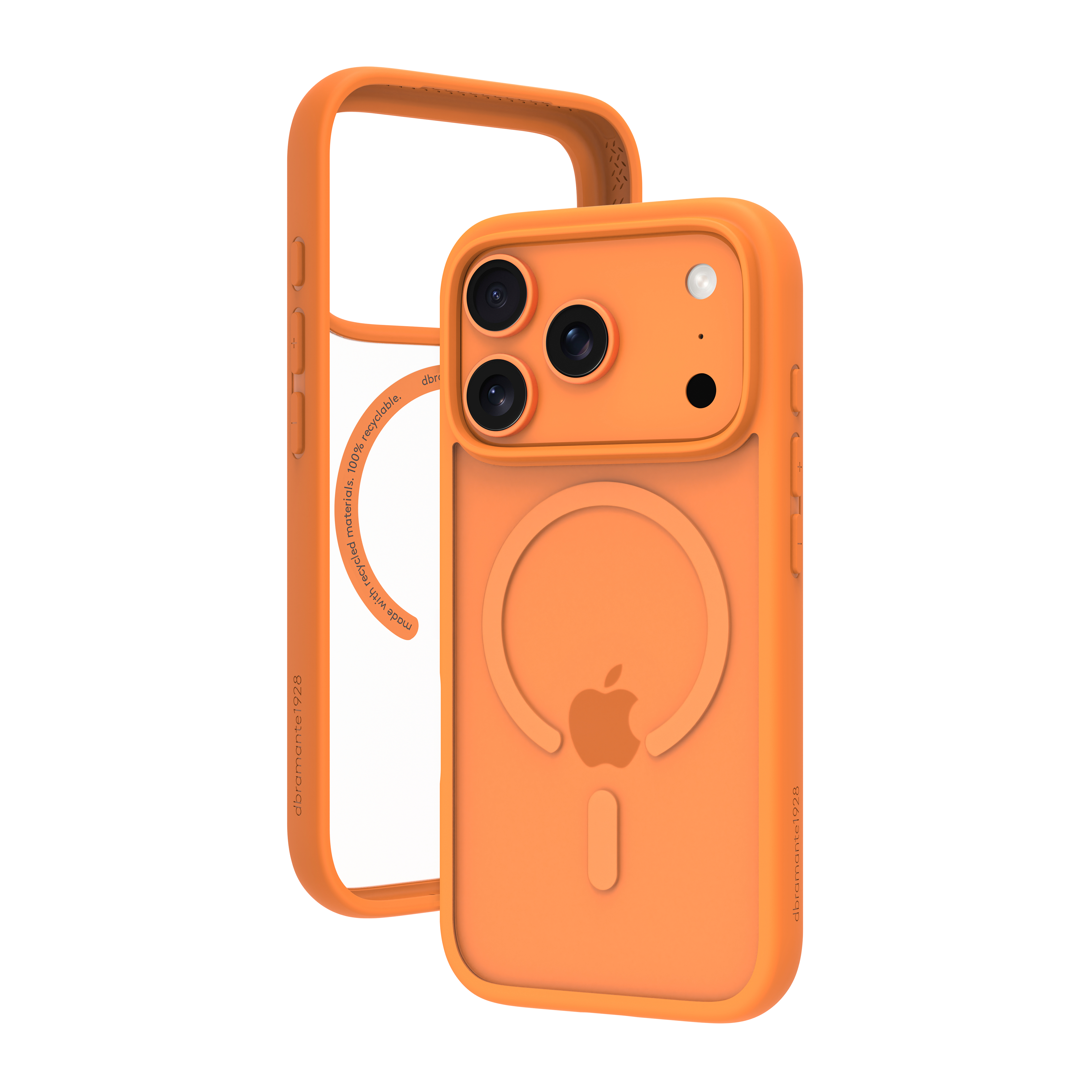 Gezeigt wird eine orangefarbene iPhone-Hülle mit einem transparenten Rahmen. Die Hülle hat drei Kameralöcher und das Apple-Logo.