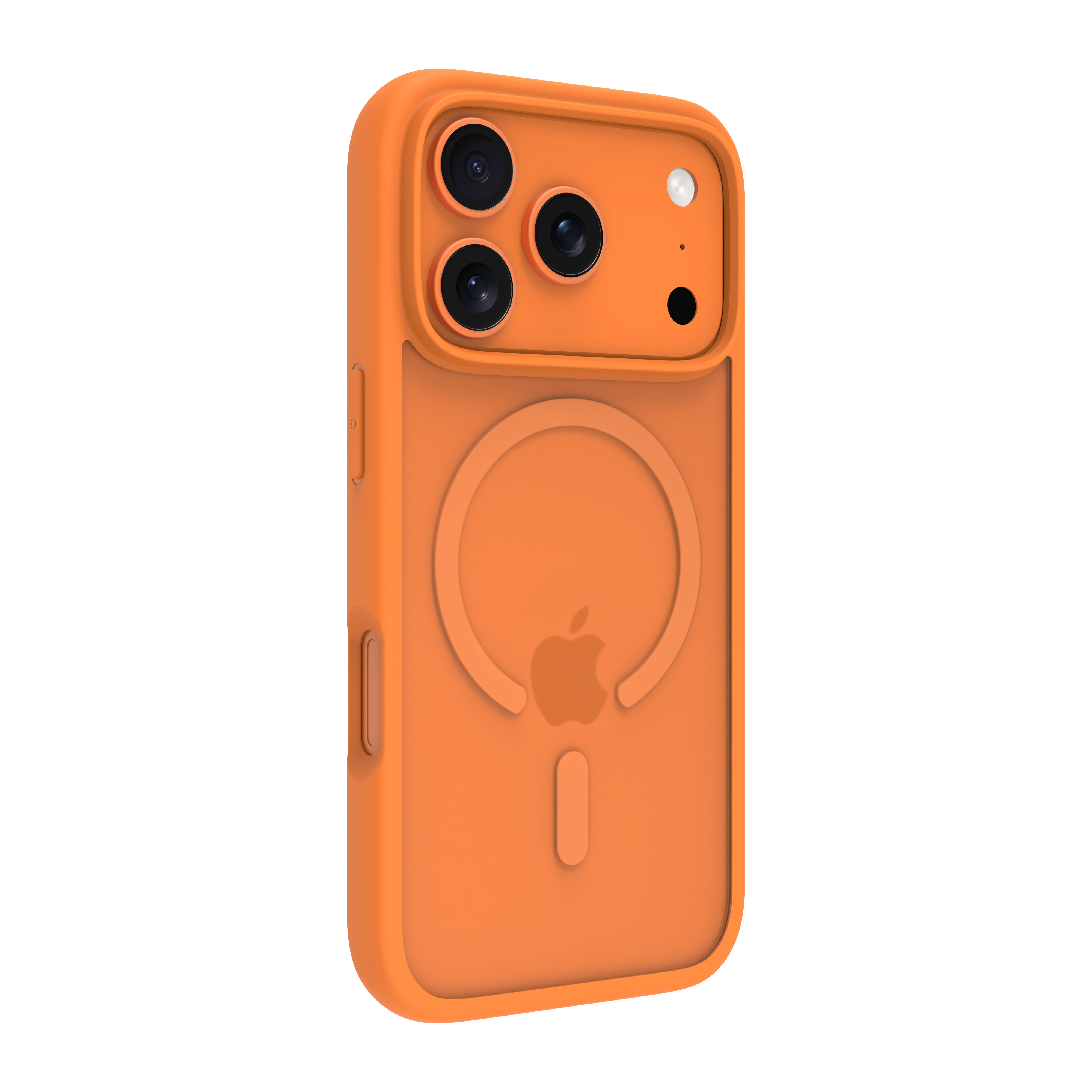 Eine orangefarbene iPhone-Hülle. Drei Kameralinsen und ein Blitz sind sichtbar. Auf der Rückseite befindet sich ein Apple-Logo.