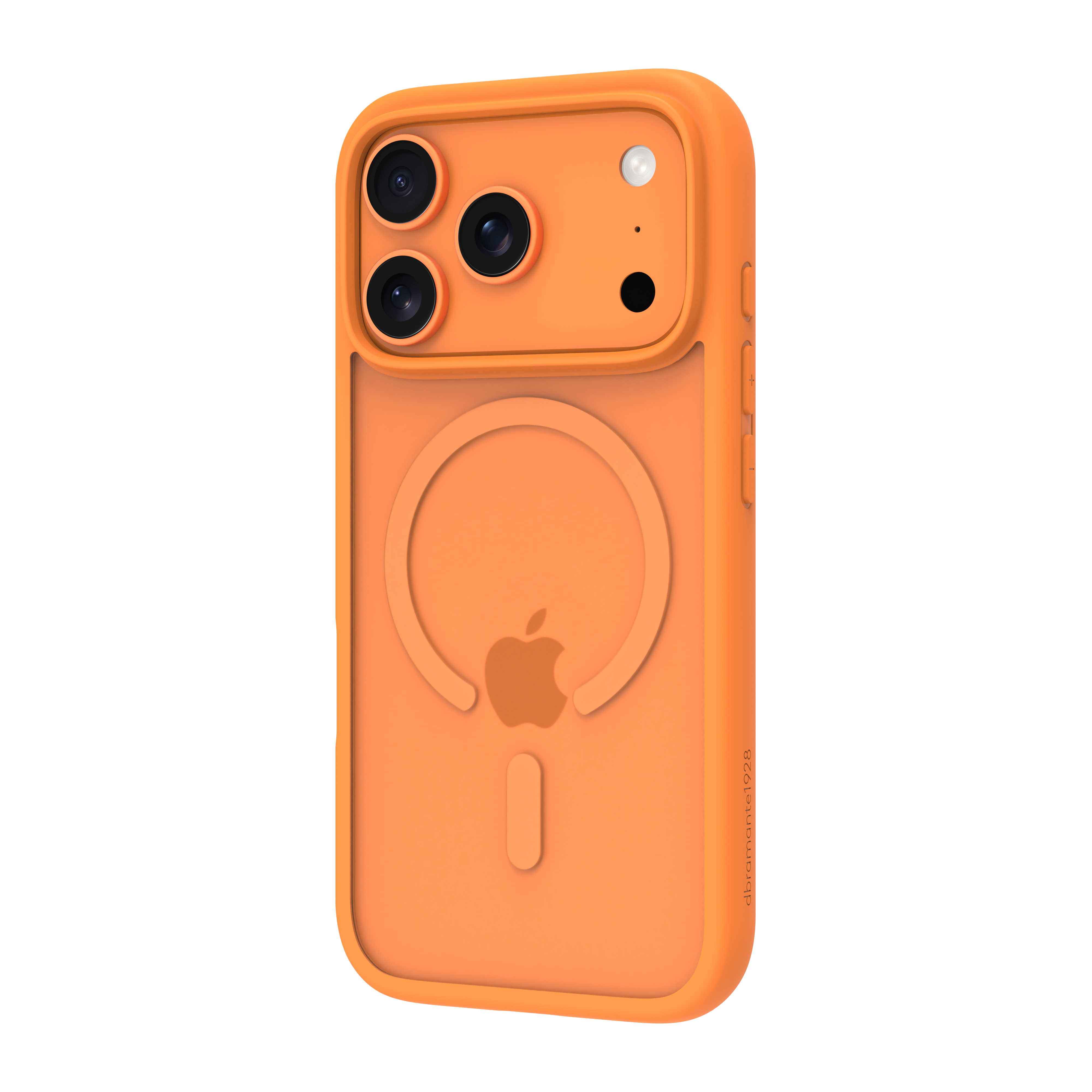 Orangefarbene Handyhülle mit Apple-Logo. Sie hat einen Kameraausschnitt. Der Hintergrund ist weiß.