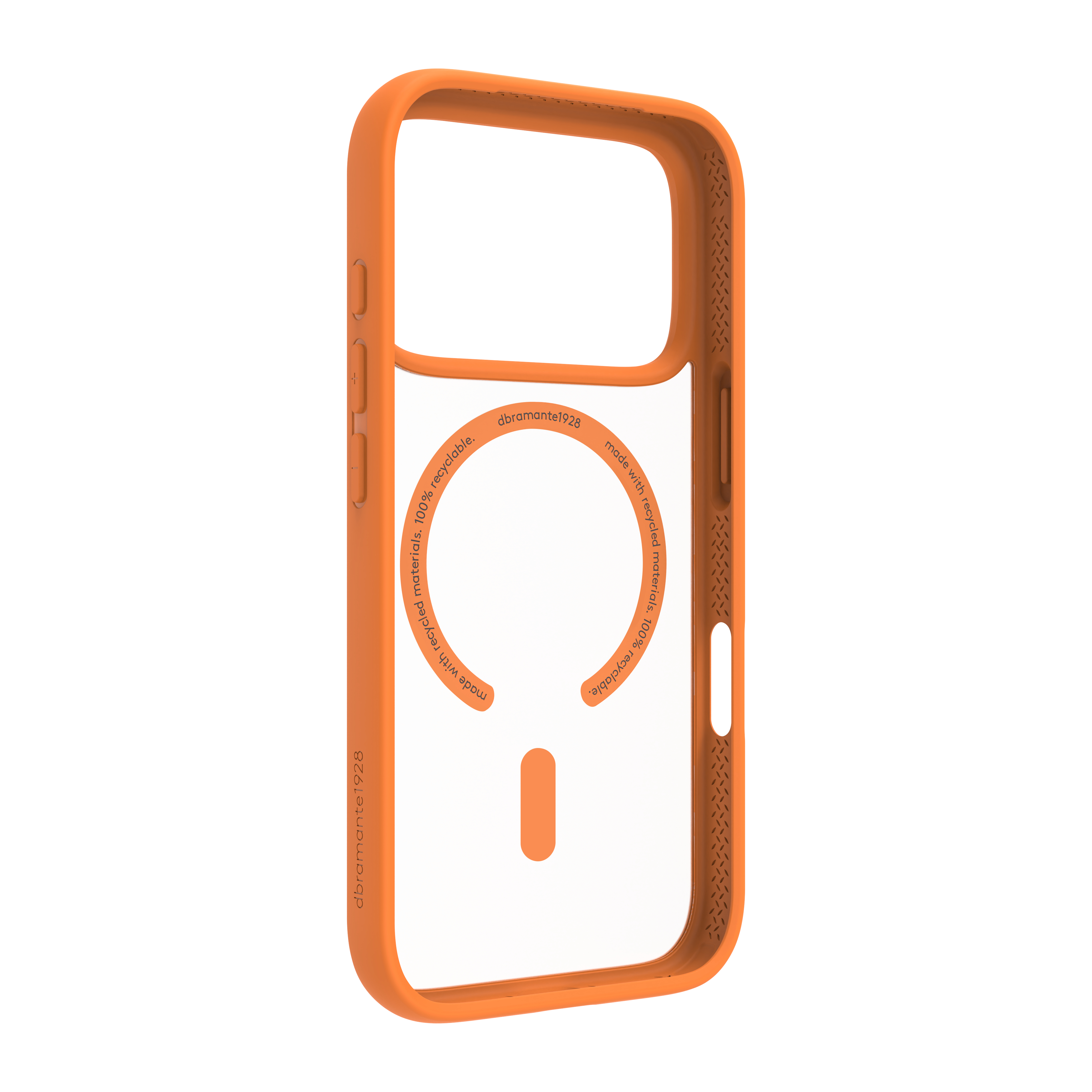 Eine orangefarbene Handyhülle mit klarer Mitte. Es hat Aussparungen für Tasten und einen Magnetkreis.