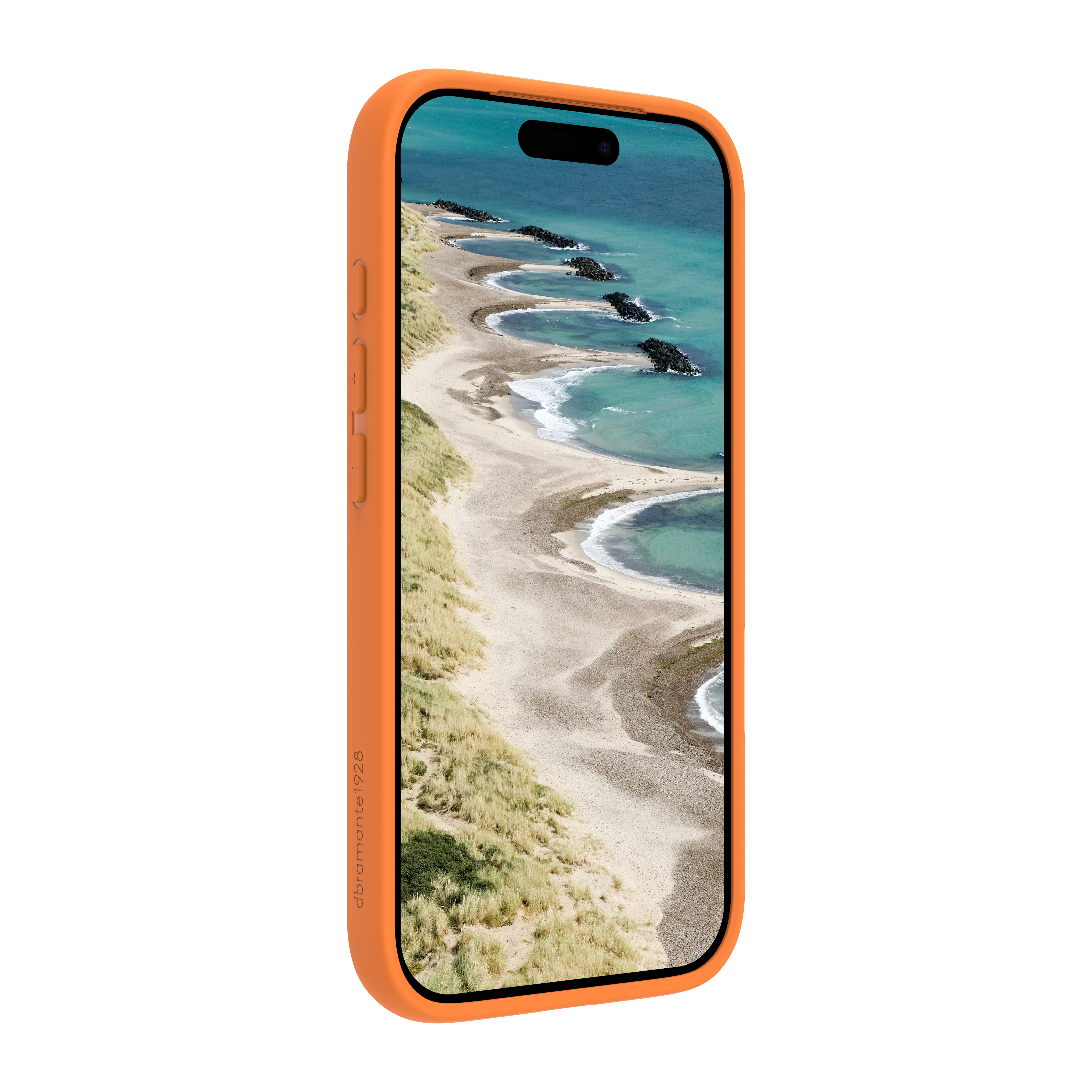 Eine orangefarbene Handyhülle zeigt eine Strandszene mit Wasser und Sand. Die Hülle befindet sich auf weißem Hintergrund.