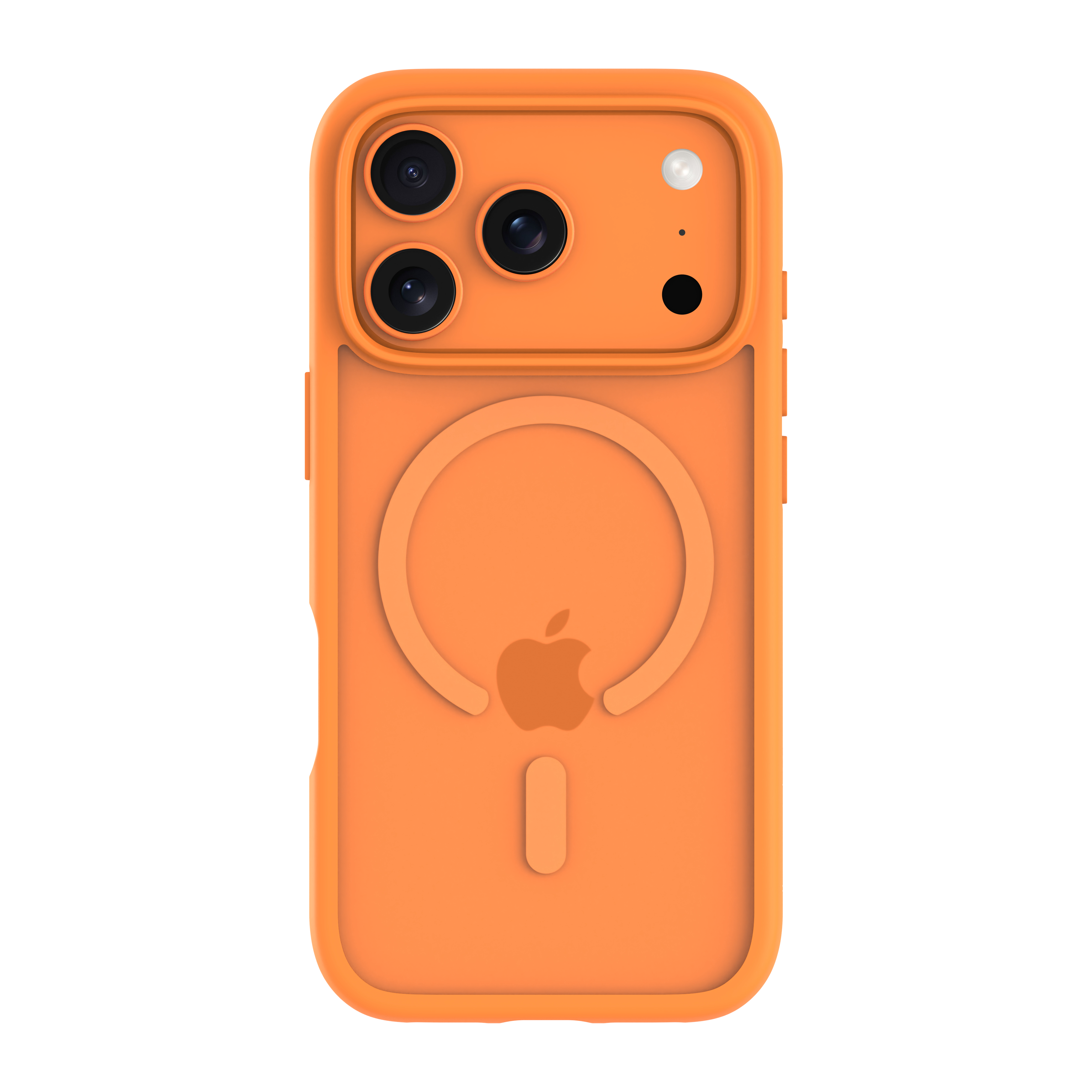 Eine orangefarbene iPhone-Hülle. Sie hat ein Kameramodul mit drei Objektiven und einem Blitz. Apple-Logo sichtbar.