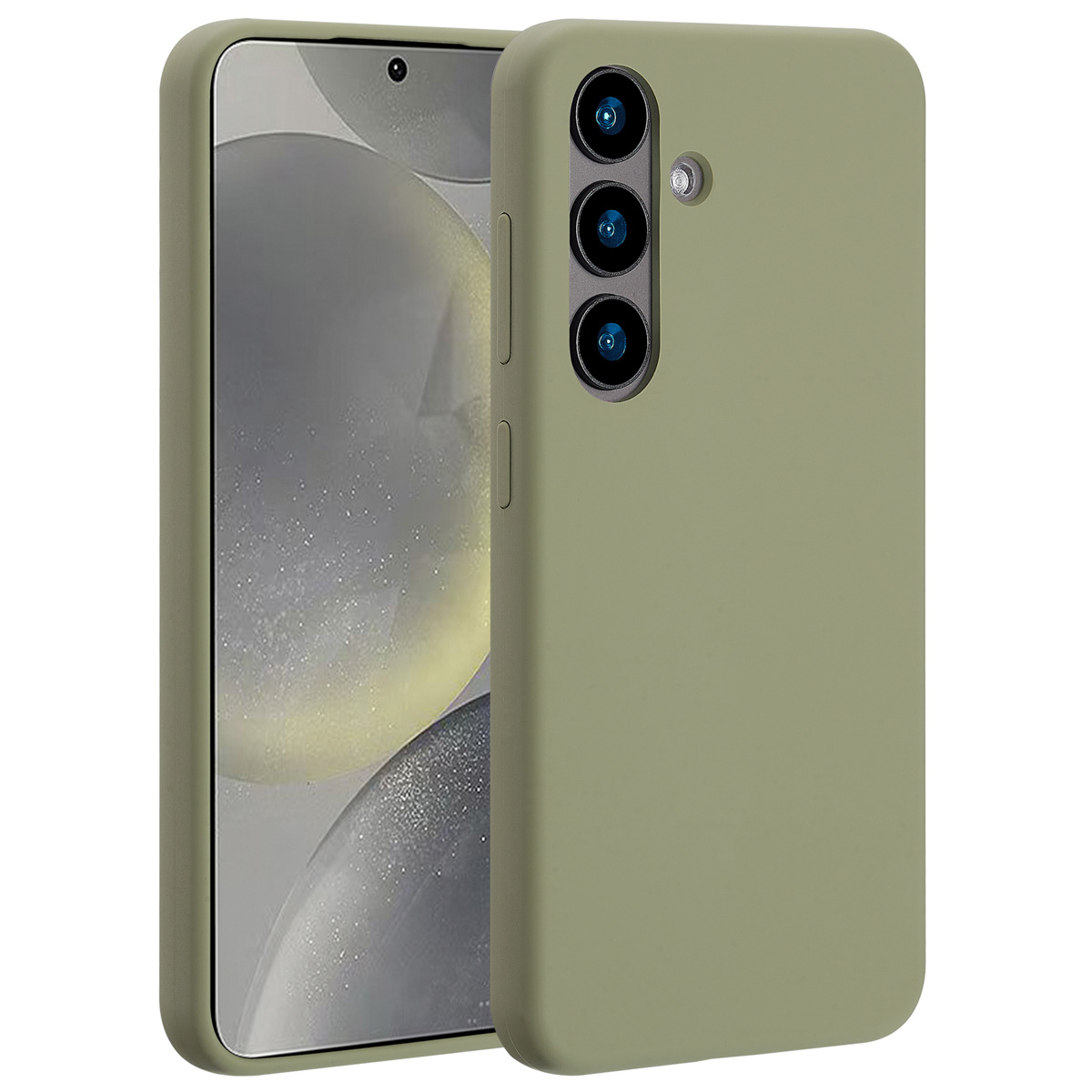 Olijfgroene telefoon met hoesje. Telefoon toont scherm met grijze vormen. Hoesje heeft cameralenzen en zijknoppen.