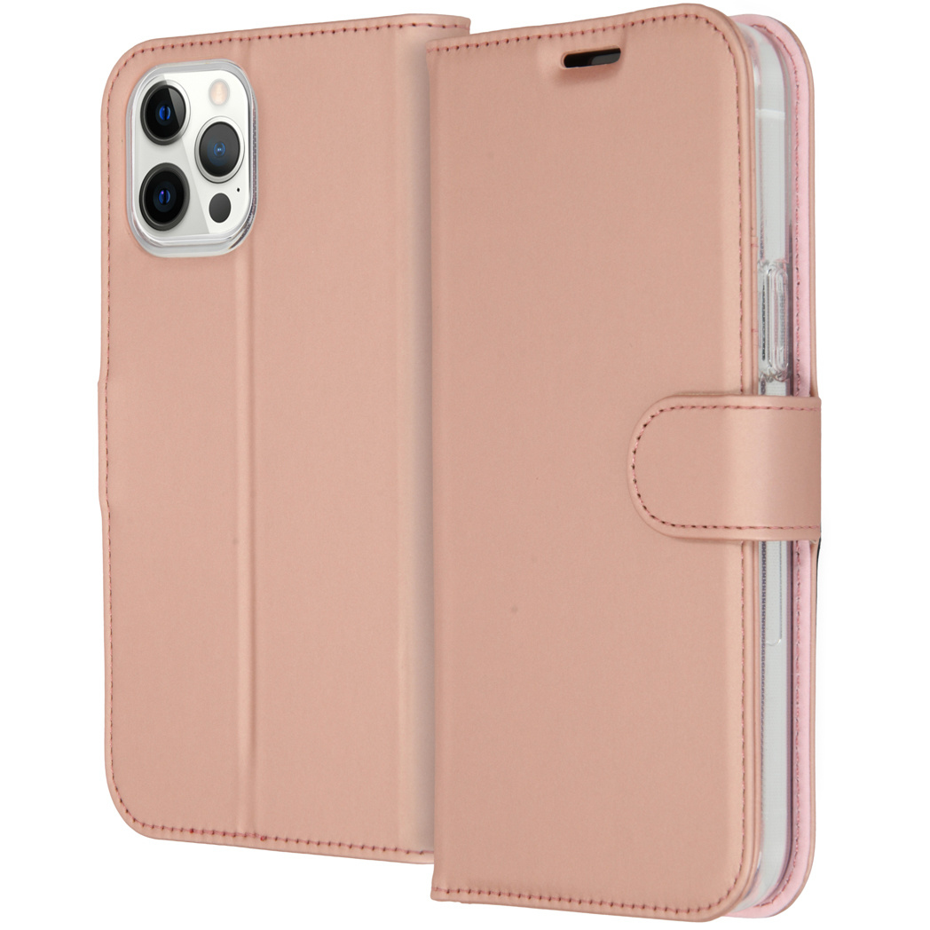Roze telefoonhoes, open. Toont de camera's van de telefoon en de binnenkant met kaartsleuven. Gesp zichtbaar.