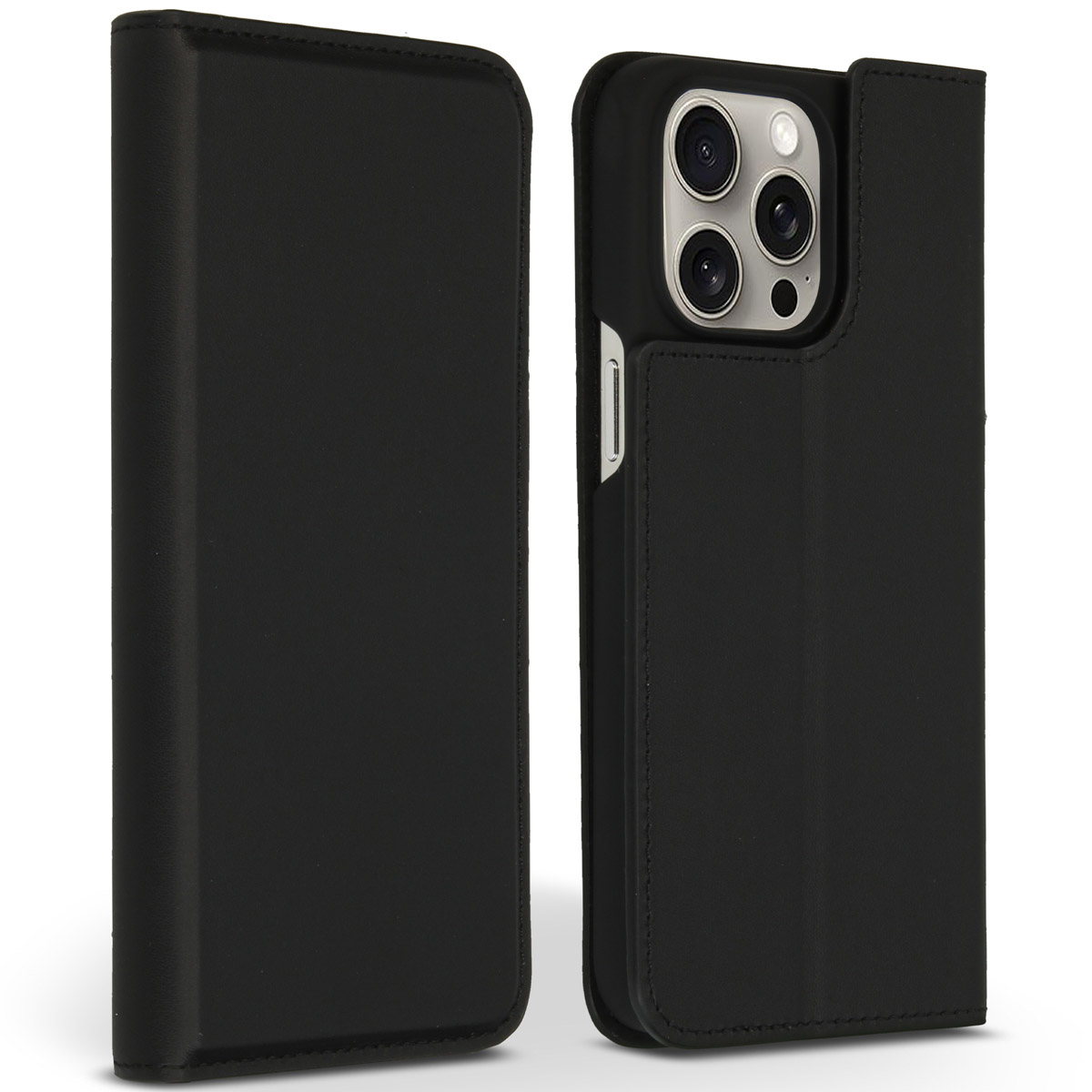 Étui de téléphone en cuir noir, ouvert et fermé. L'étui ouvert montre les lentilles de la caméra du téléphone. L'étui fermé a une surface lisse.