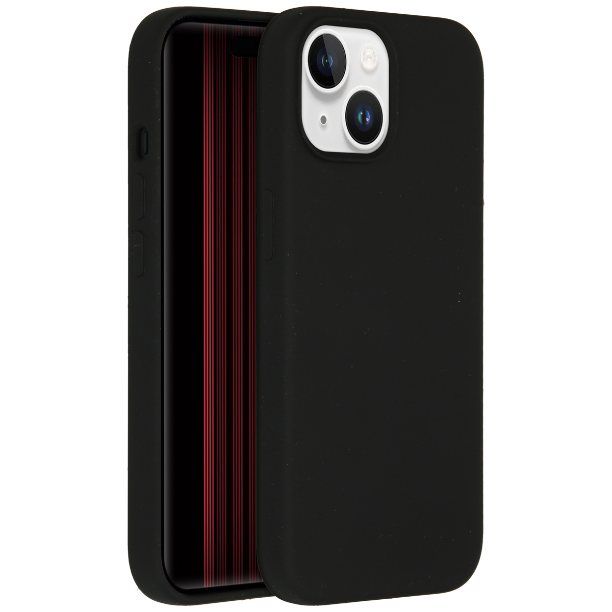 Een zwarte iPhone met een zwarte hoes. Het scherm toont rode verticale lijnen. De telefoon heeft twee camera's.