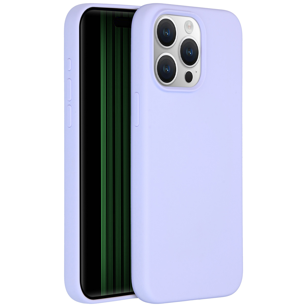 Une coque de téléphone violet clair avec un téléphone à l'intérieur. Le téléphone a un écran noir avec des lignes vertes verticales. La coque a trois lentilles.