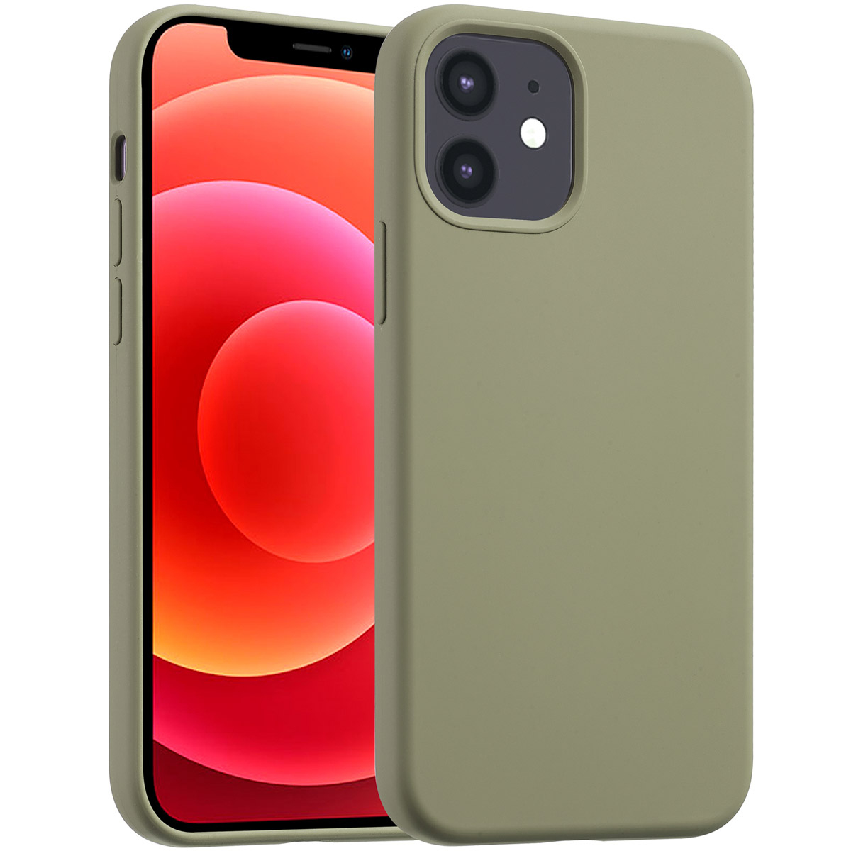 Een iPhone met een rood scherm zit in een groene telefoonhoes, een andere hoes leunt erop.
