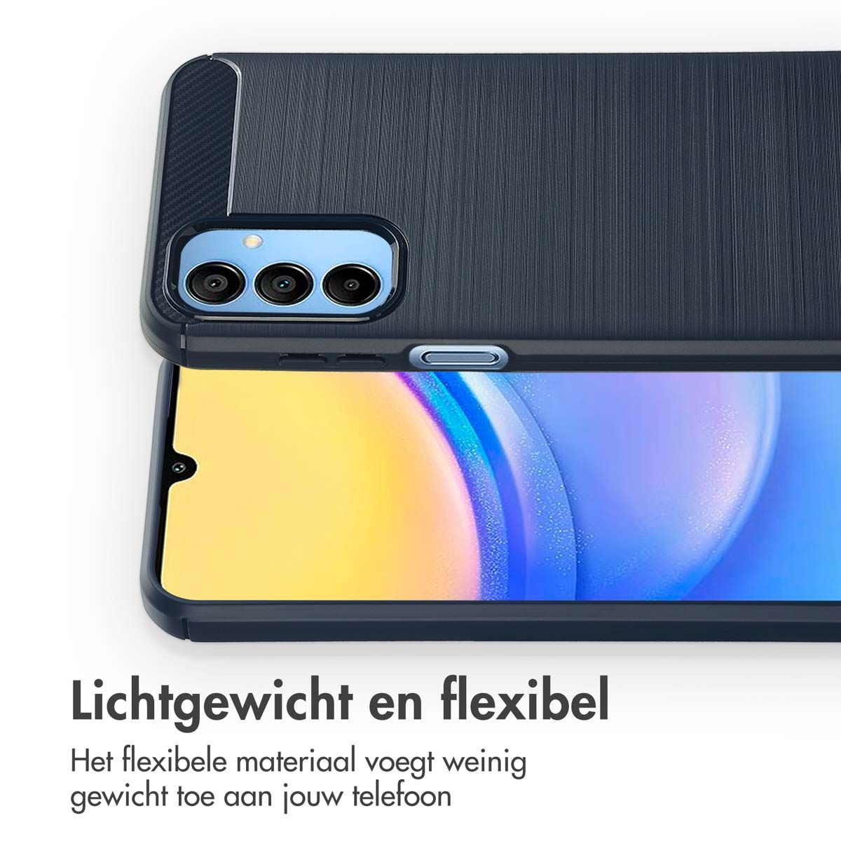 Une coque de téléphone bleu foncé sur un téléphone. L'étui est texturé. L'écran affiche un arrière-plan coloré. Le texte en dessous indique 'Léger et flexible'.