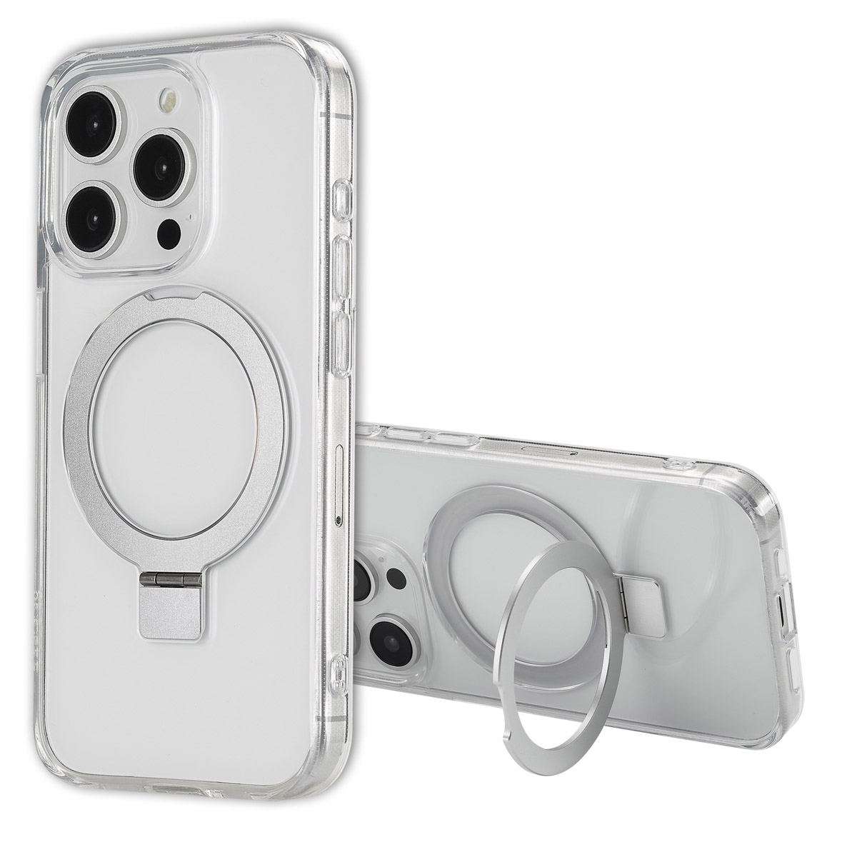 Deux coques de téléphone transparentes avec des anneaux argentés. L'une est debout, l'autre est couchée, les deux montrent des objectifs.