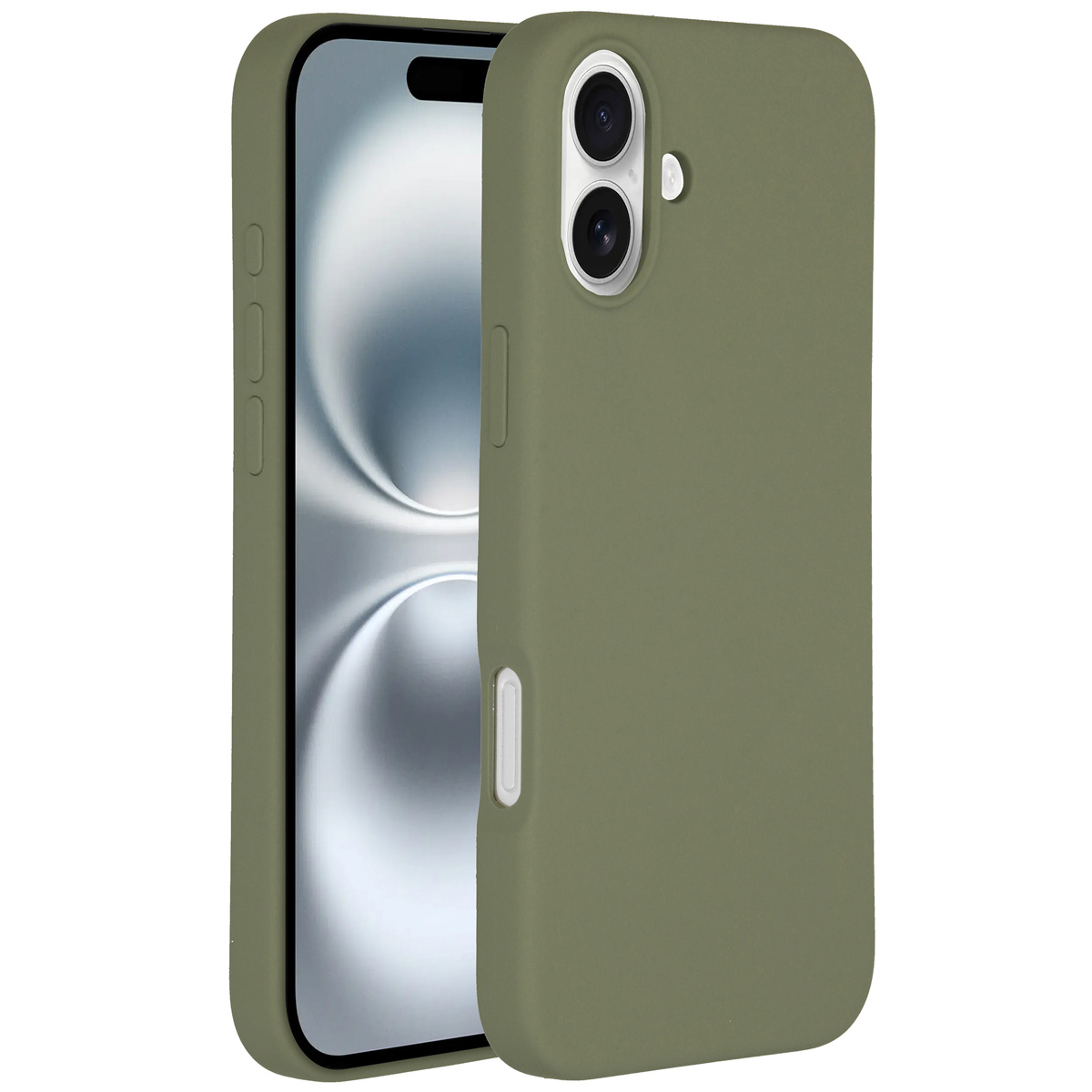 Una custodia per telefono verde oliva accanto a un telefono con schermo argentato. La custodia ha due fori per la fotocamera e un pulsante laterale.