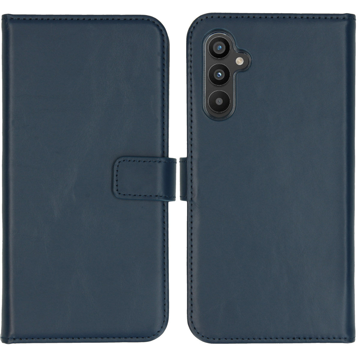 Un étui de téléphone bleu foncé, ouvert pour révéler le dos du téléphone et l'intérieur de l'étui. Il a une fermeture magnétique.