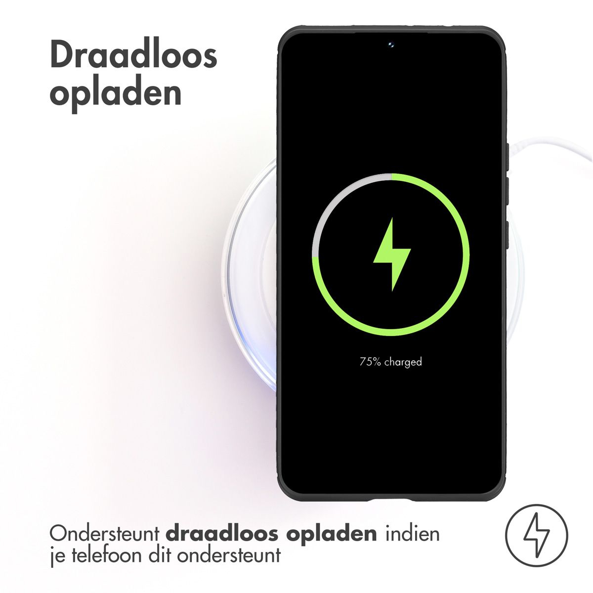 Een telefoon toont een oplaadpictogram bij 75% op een draadloze oplader. Tekst luidt 'Draadloos opladen'.