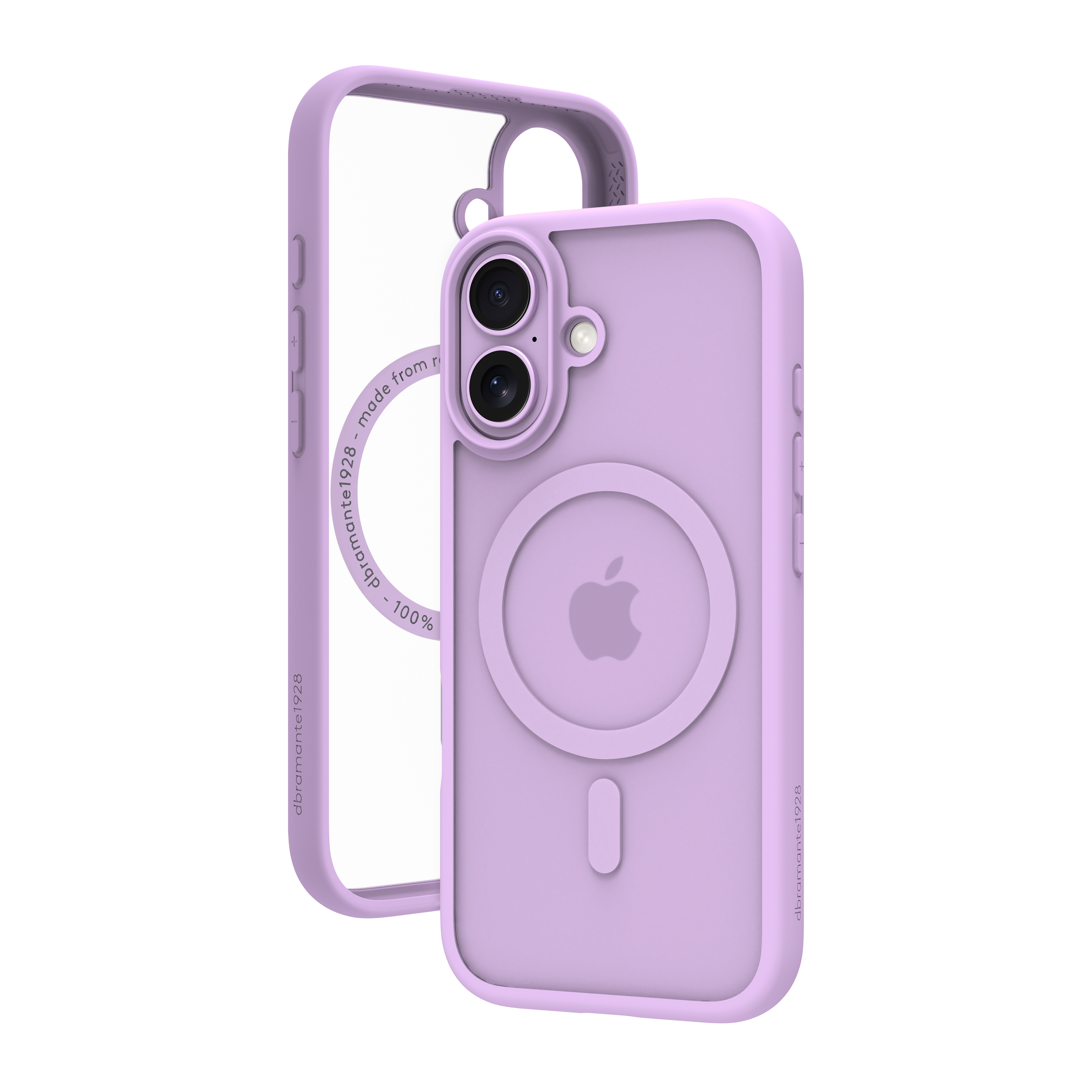 Una custodia per telefono lavanda con logo Apple, accanto al suo telaio trasparente.