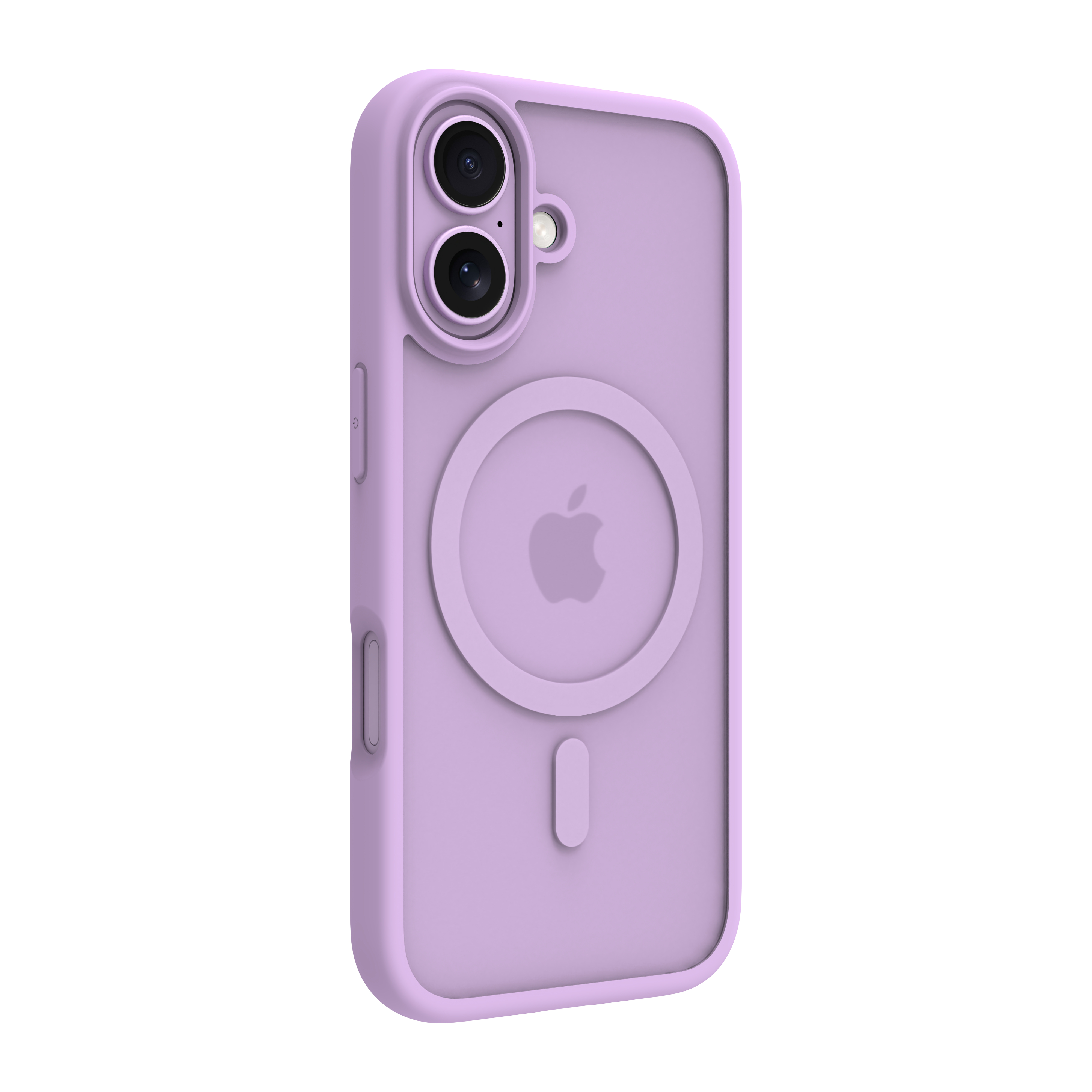Una custodia per telefono lavanda con doppia fotocamera, logo Apple e anello MagSafe. Su sfondo bianco.