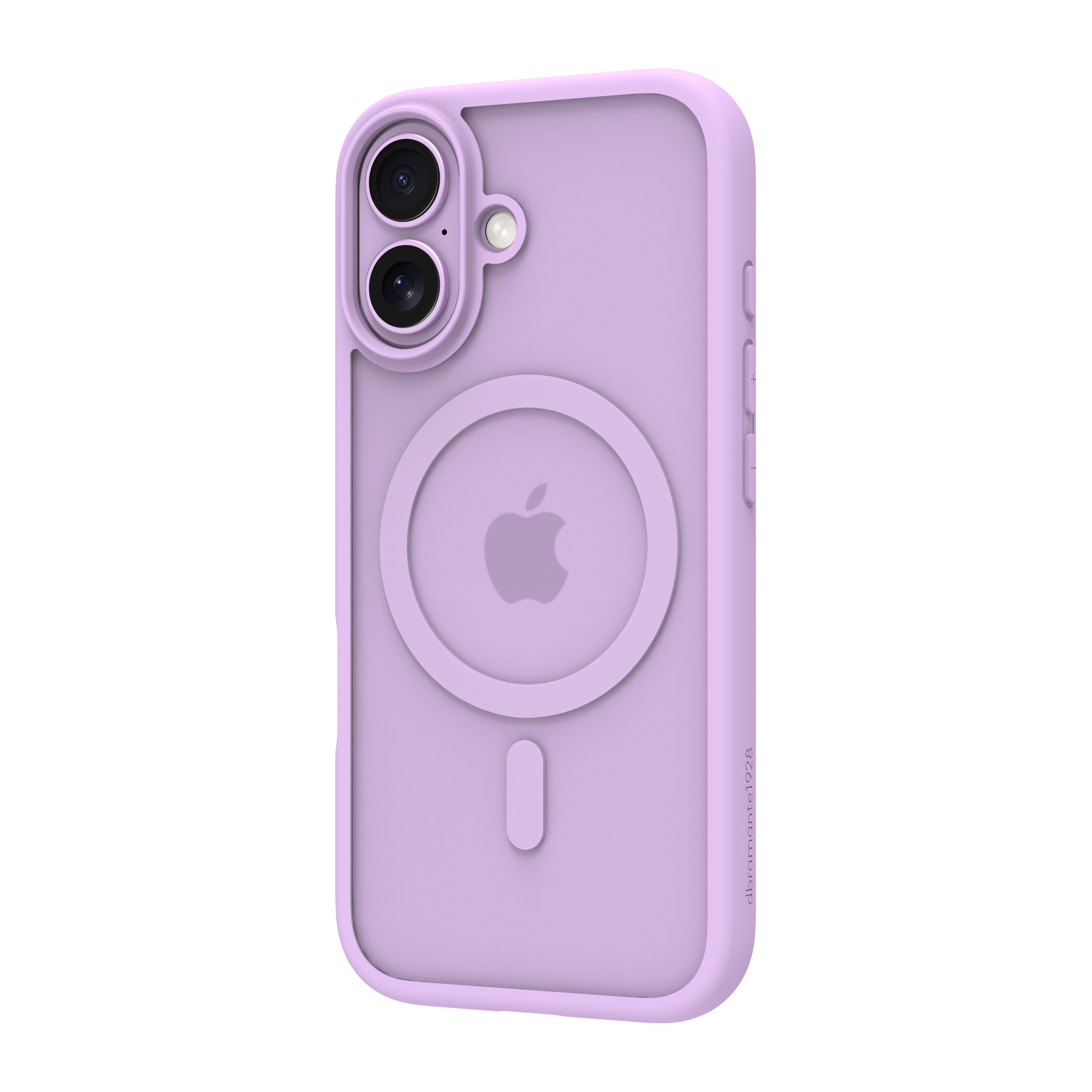 Una custodia per telefono lavanda. Ha un ritaglio per la fotocamera, il logo Apple e un anello MagSafe. Lo sfondo è bianco.